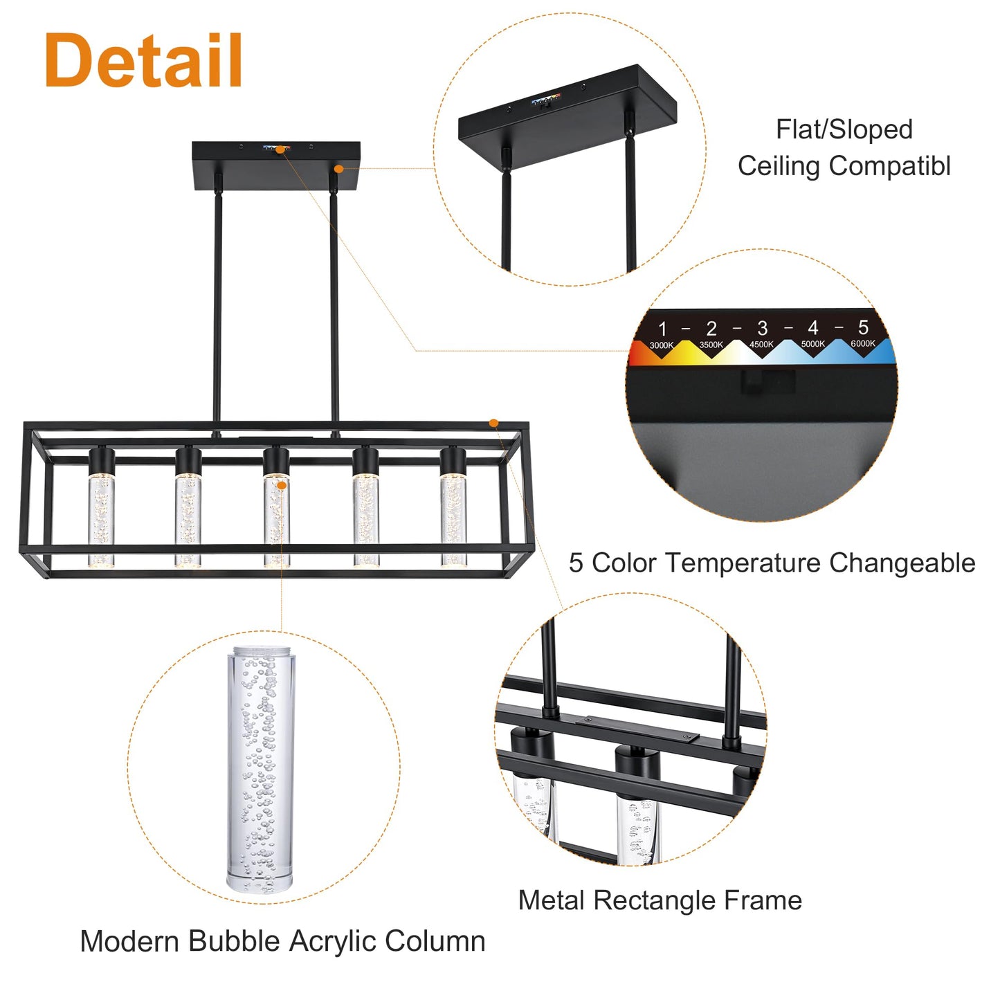 VINLUZ LED Farmhouse Kitchen Island Lighting,5 Light Industrial Linear Chandelier for Dining Room Metal Black Finish Hanging Pendant Light Fixture for Bedroom Living Room Hallway