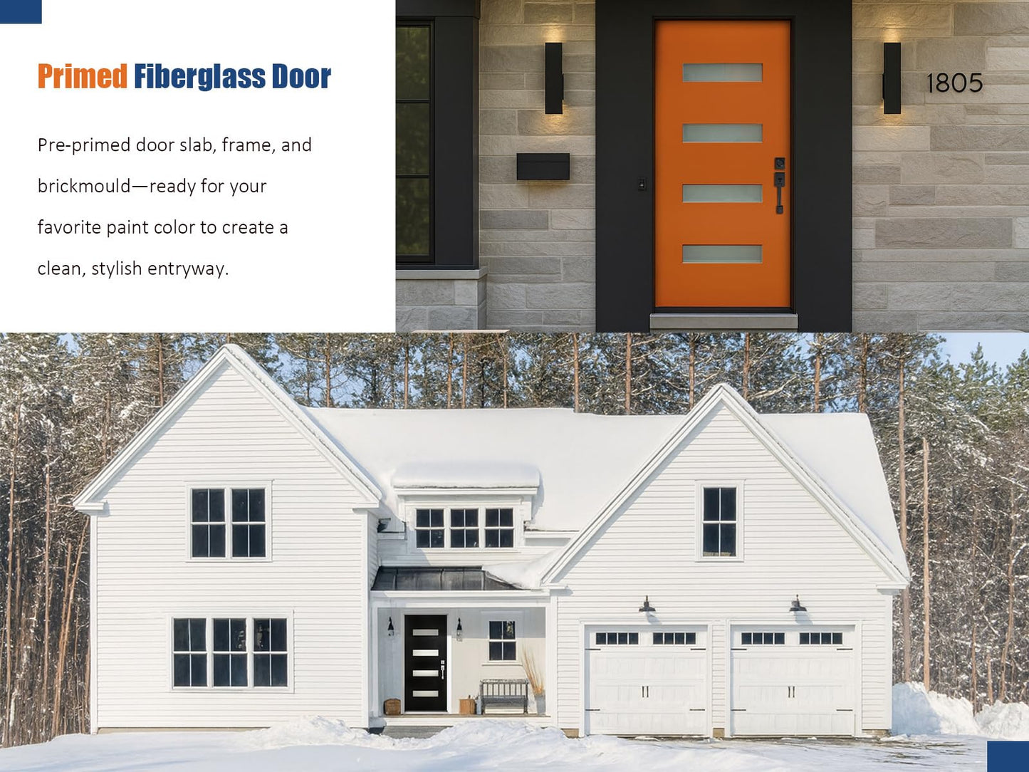 KHSHOW 36 x 80 Fiberglass Entry Door with Brickmould, 4-Lite Frosted Glass - Contemporary Style for Home's Front Entrance, Left Hand Inswing, Vinyl Frame, Primed Knock-Down Entry Door