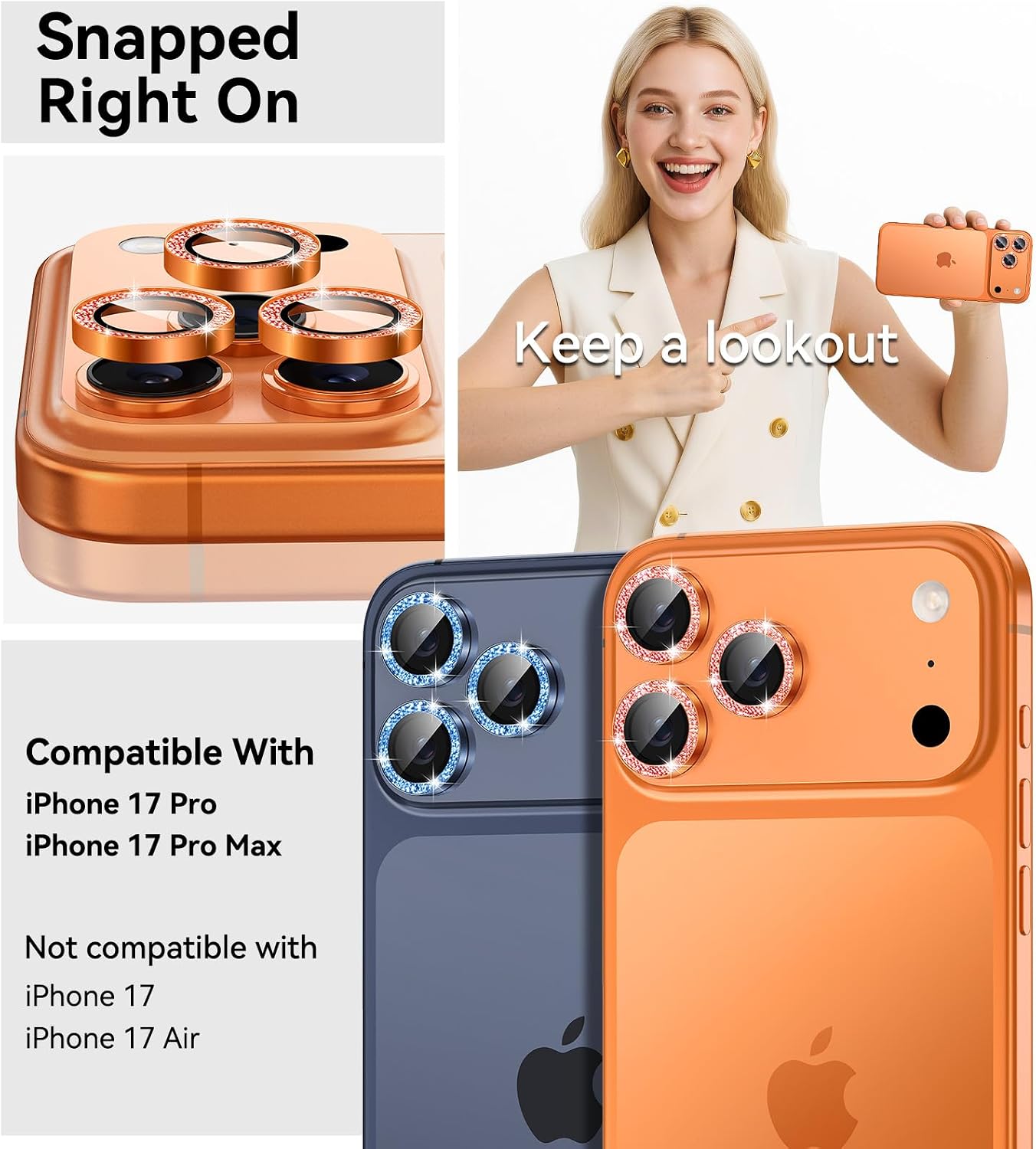 17 17 17pro 9H Matekxy for iPhone Pro / iPhone Pro Max Camera Lens Protector Glitter - for promax Cute Girly Metal