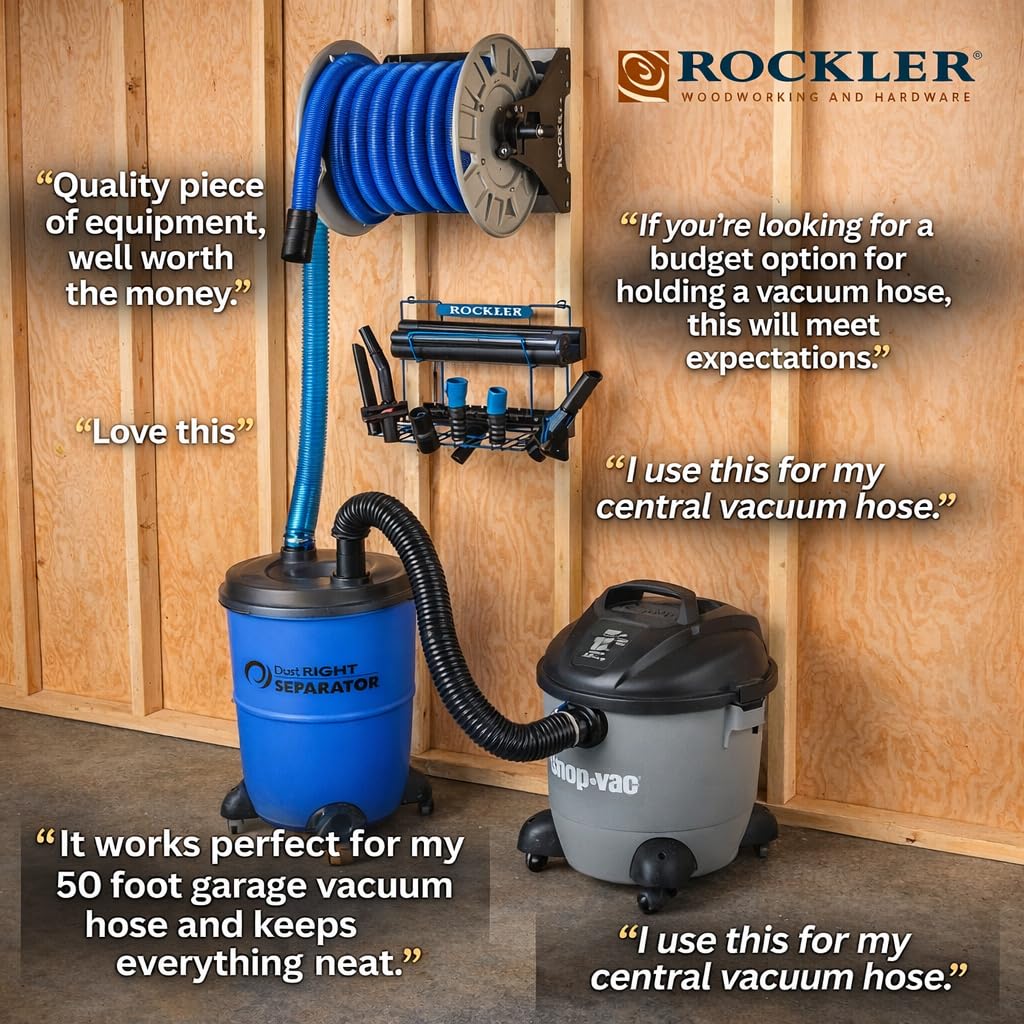 Rockler Shop Vacuum Hose Reel - Holds 40' of 1-1/2'' Vacuum Hose Extension Reel w/Steel Frame - Adjustable Tension Knob, Wall Mount Vacuum Hose Reel - Easy Installation Dust Collector Accessories