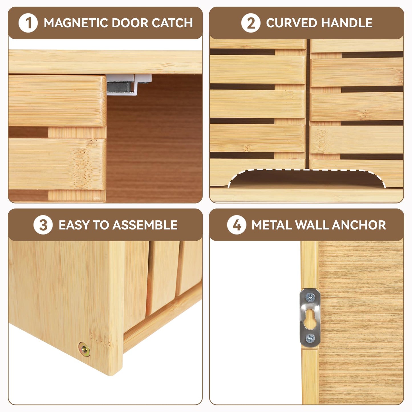HYNAWIN Bathroom Wall Mounted Bamboo Storage Cabinet with Double Doors, 2-Tier Adjustable Shelf, Over Toilet Organizer for Bathroom, Kitchen, Entryway