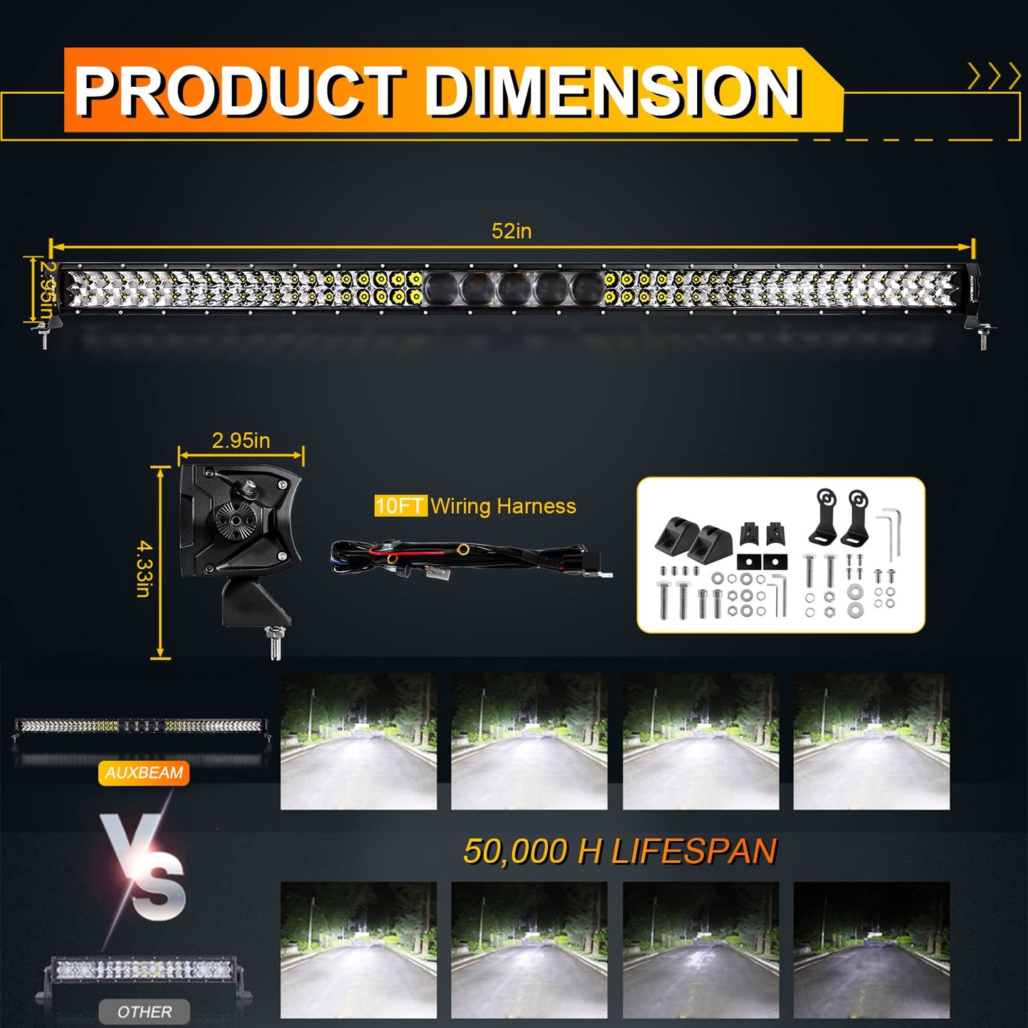 Auxbeam 52" LED Light Bar, 450W, 55000LM, 5D Pro Lens Off Road Driving & Fog Light Combo with 10FT Wiring Harness Kit (Professional Grade Outdoor Lighting Source P8 LED)