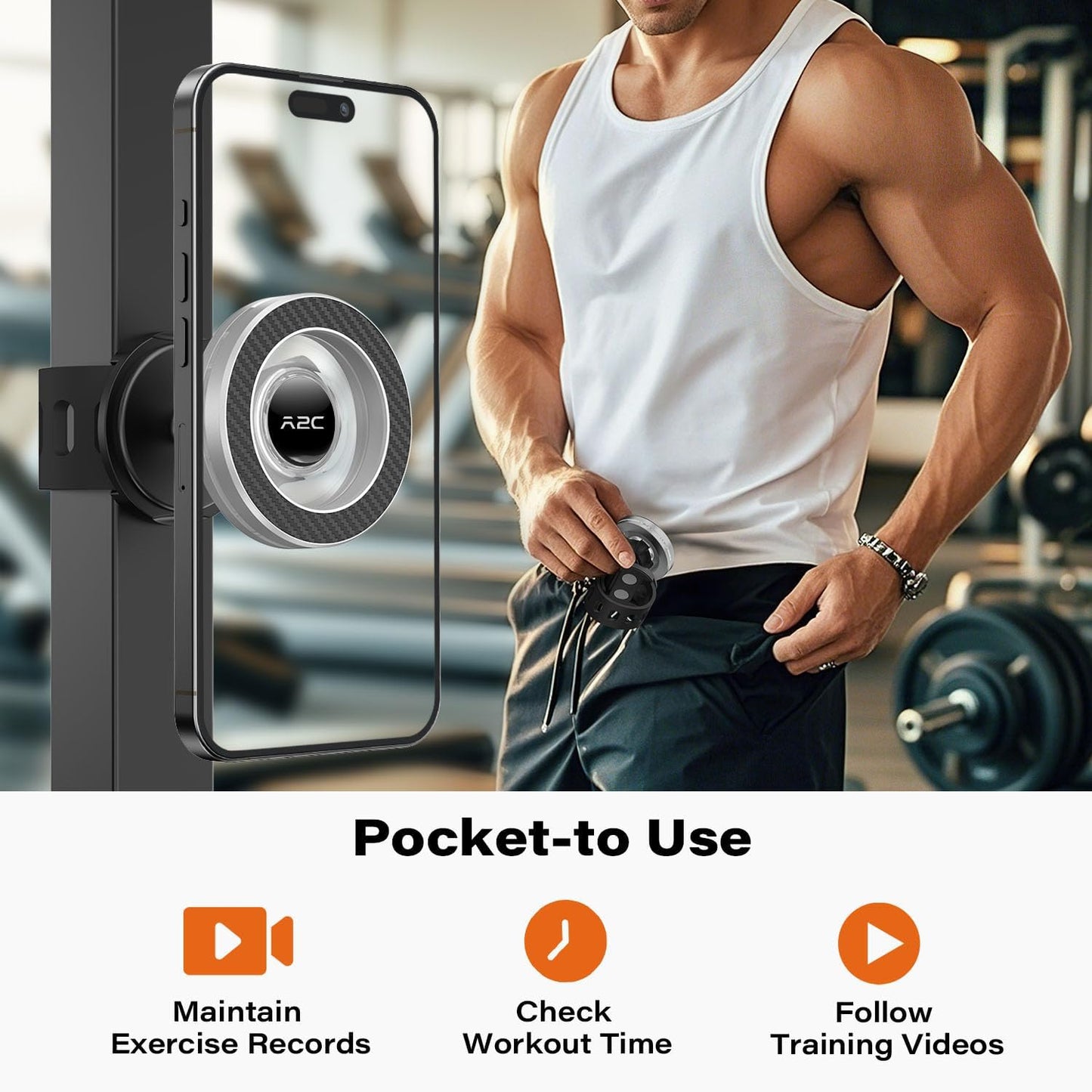 A2C Phone Holder for Peloton Bike, Stroller Phone Holder with Strong Magnets, Adjustable Strap Phone Mount for Shopping