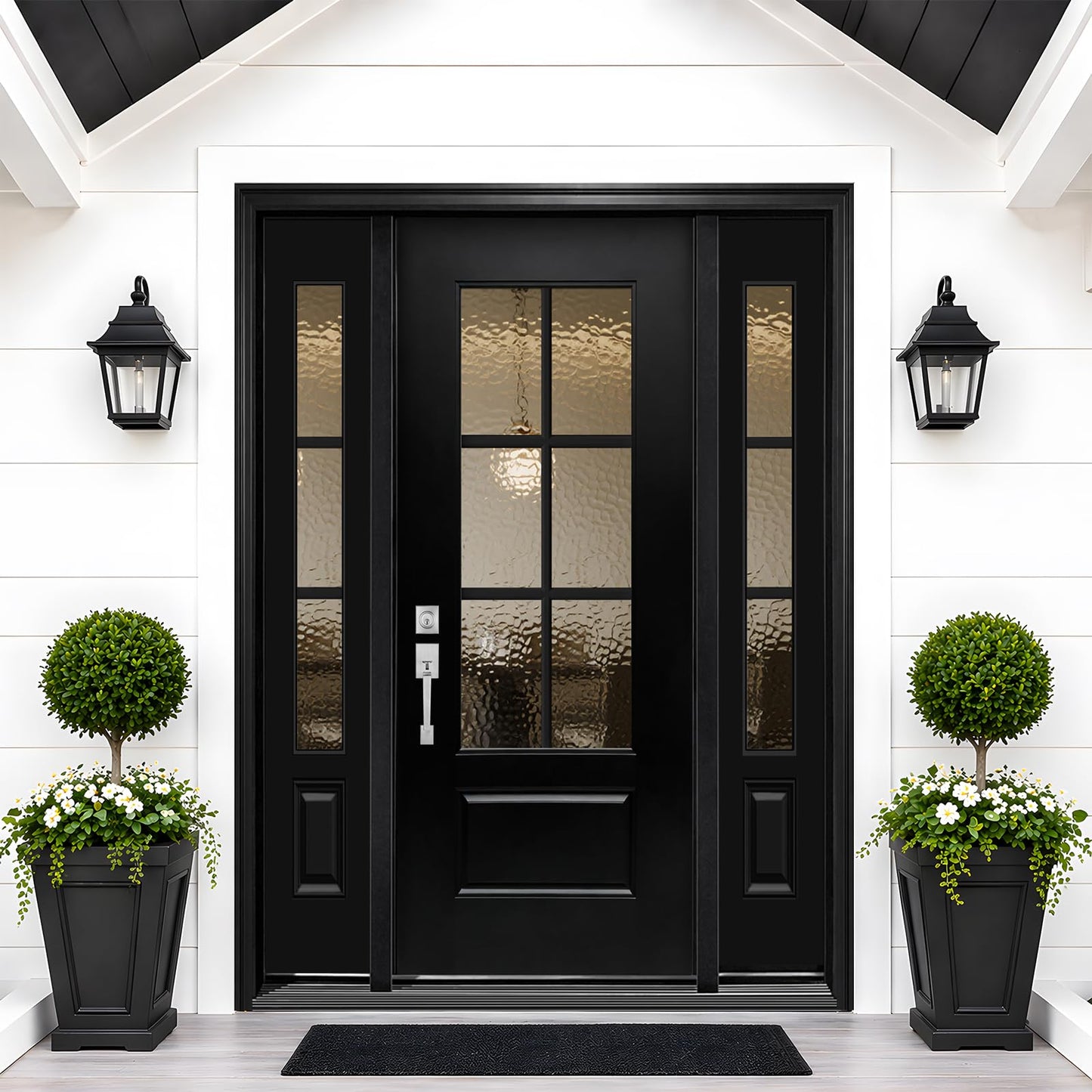 68x96in Fiberglass Front Door with 14in Sidelight, Black Exterior Entry Door for Home, Right-Hand Inswing, Textured Finished with Hammered Glass Knock-Down Door, Vinyl Frame and Brickmould Included