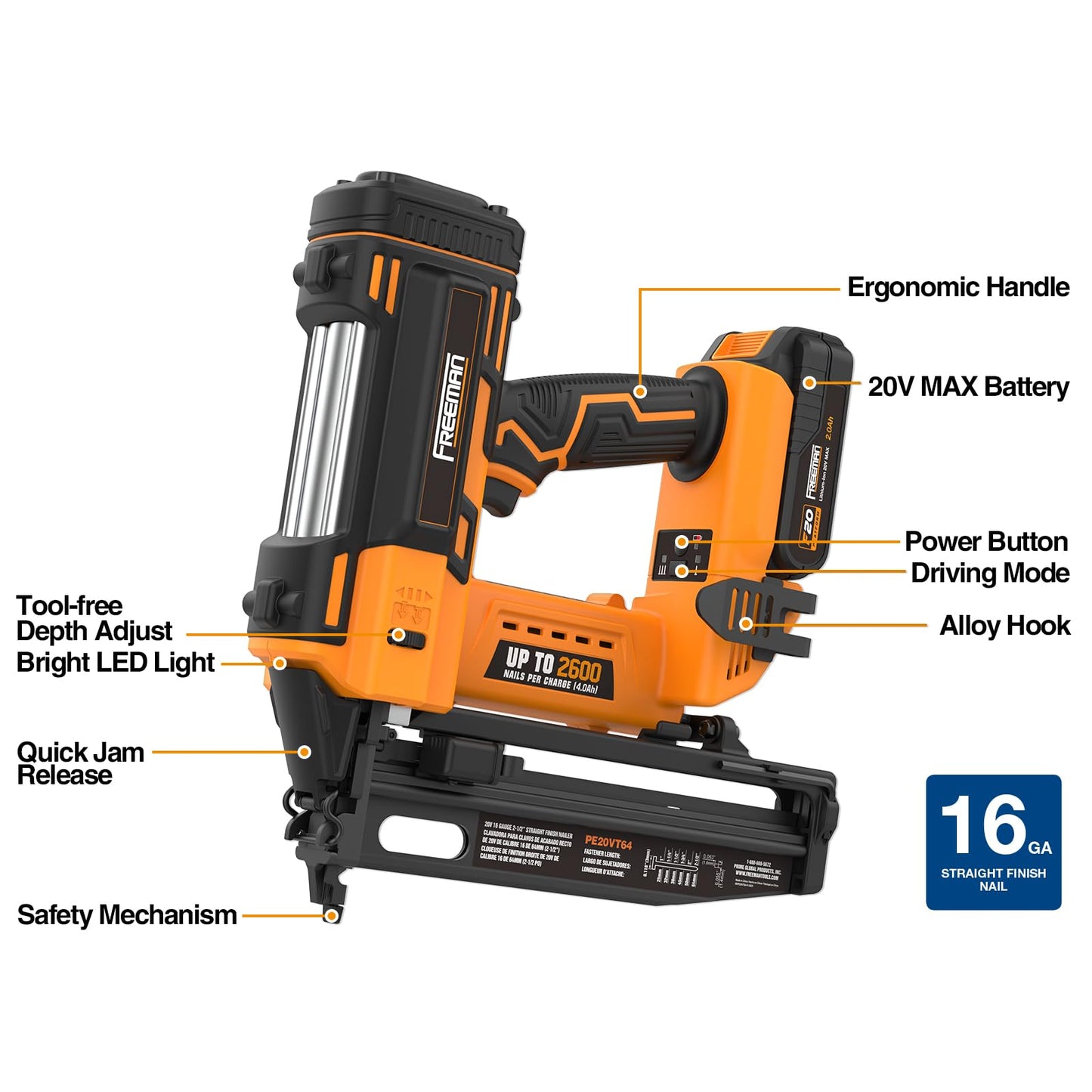 Freeman PE20VT64 20 Volt Cordless 16-Gauge 2-1/2" Straight Finish Nailer (Tool Only) – 1300 Shots per Charge