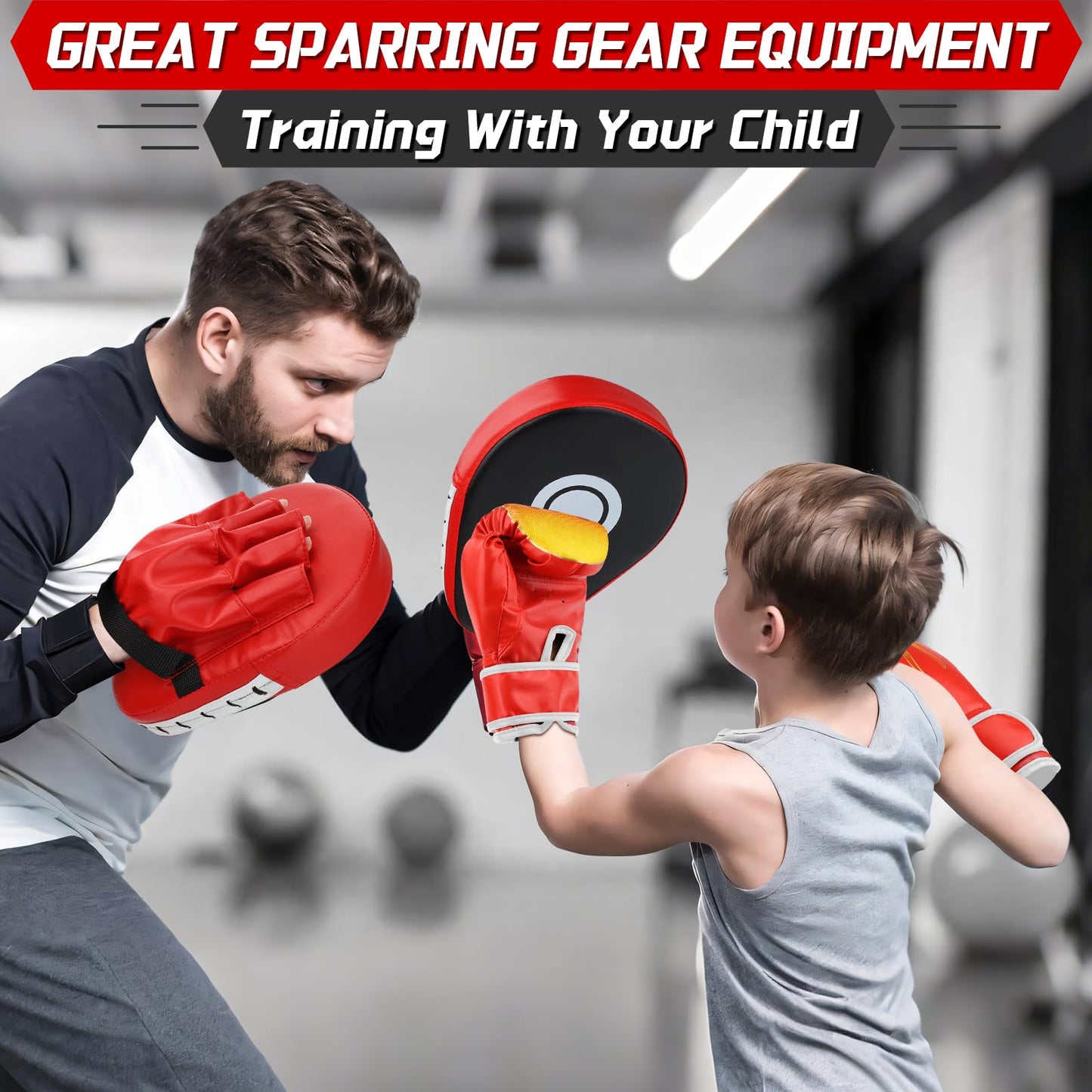 3-in-1 Boxing Gloves and Punching Mitts Set for Kids Youth, Kids Boxing Gloves Curved Punching Pads with Hand Wraps, Focus Mitts Boxing Equipment Set for Boxing Training MMA Karate Muay Thai Taekwondo