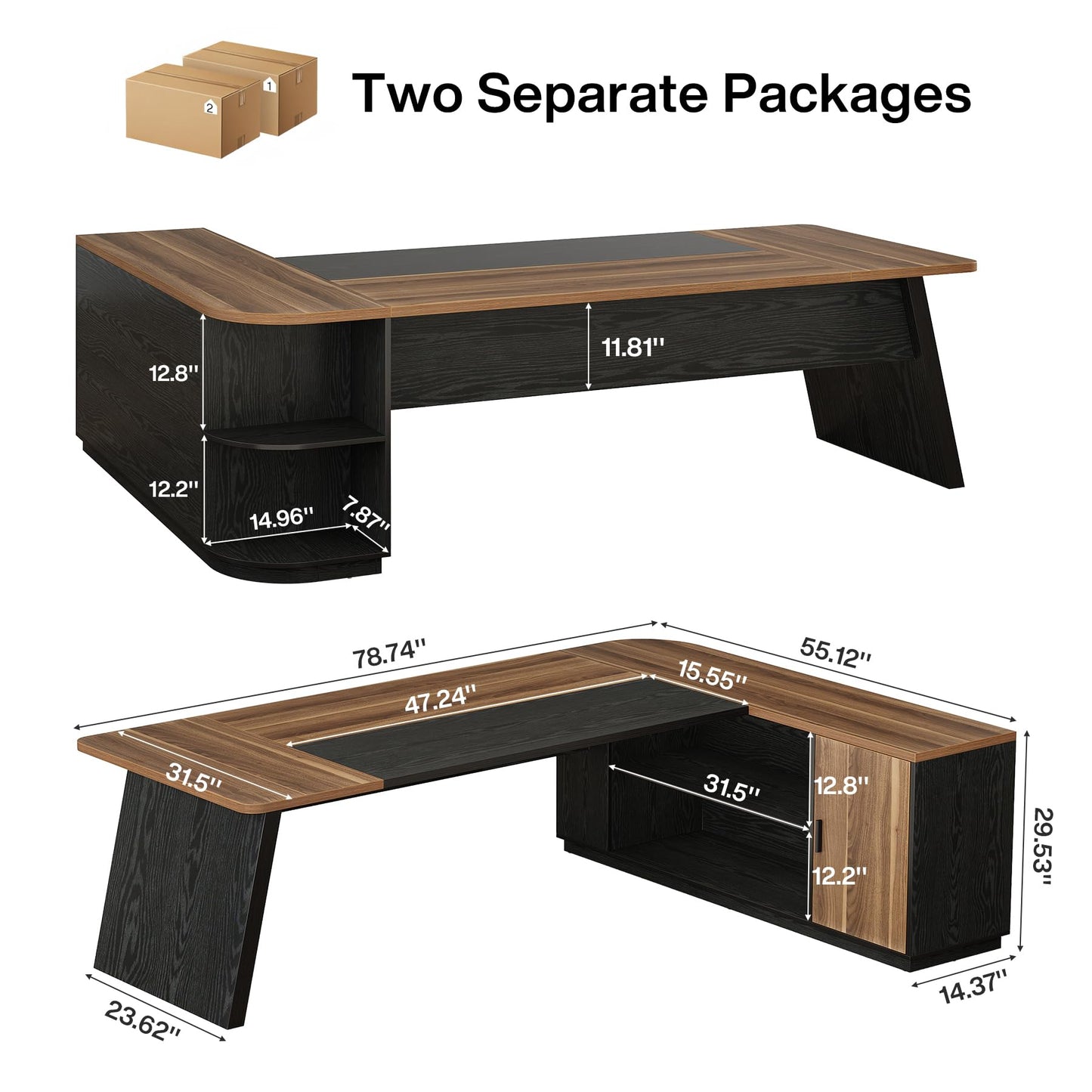 Tribesigns 79-Inch Executive Desk, Large Office Desk with Cabinet, L-Shaped Compter Desk with Storage Shelves, Writing Table for Home Office, Brown and Black
