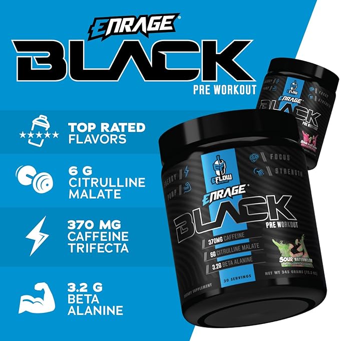 eFlow Nutrition Enrage Black High Stimulant Pre Workout Supplement - Preworkout Powder to Boost Energy, Pumps and Strength - 4 Flavors (30 Servings) (Sour Black Cherry)