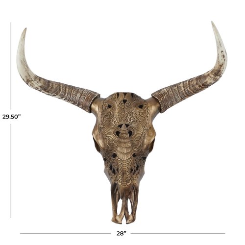 Deco 79 Polystone Cow Home Wall Decor Carved Skull Wall Sculpture, Wall Art 28" x 7" x 30", Bronze