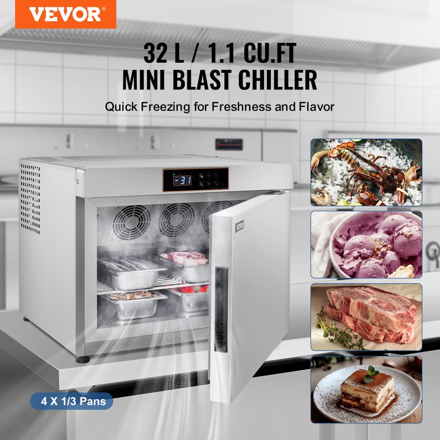 VEVOR 32L Blast Freezer, 4 Trays Commercial Freezers Flash,<-31~68°F> Mini Countertop Shock Frozen for Home, 360° Fan Cooling Batch Freeze, 304 Stainless Steel Blast Chiller for Seafood, Ice Cream