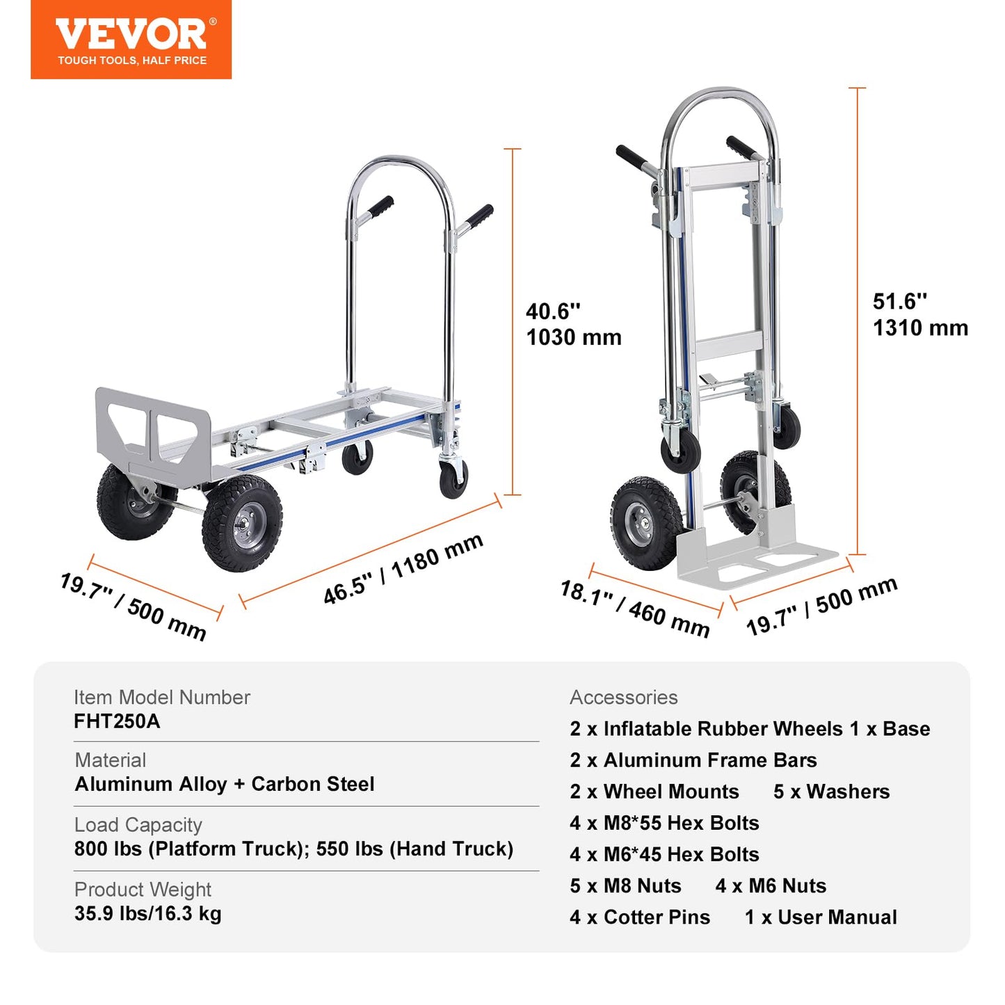 VEVOR Aluminum Truck, 2 in 1, 800 lbs Load Capacity, Heavy Duty Industrial Convertible Folding Hand Truck and Dolly, Utility Cart Converts from Hand Truck to Platform Cart with Rubber Wheels