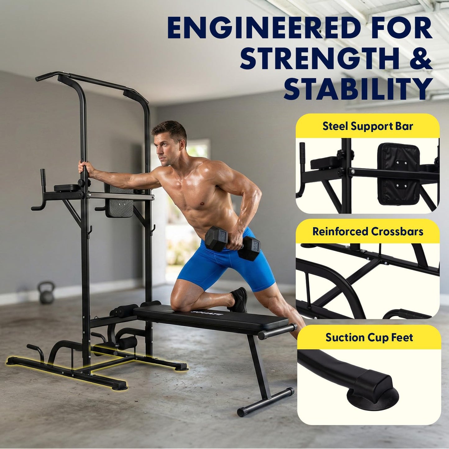 SQUATZ Pull-Up Workout Station with Bench - Multifunctional Gym Equipment with Pulling Bar, Sit-Up Board, Backrest, Elbow Pad, & Steel Main Frame, Great for Home Exercise and Weight Training, 330LBS