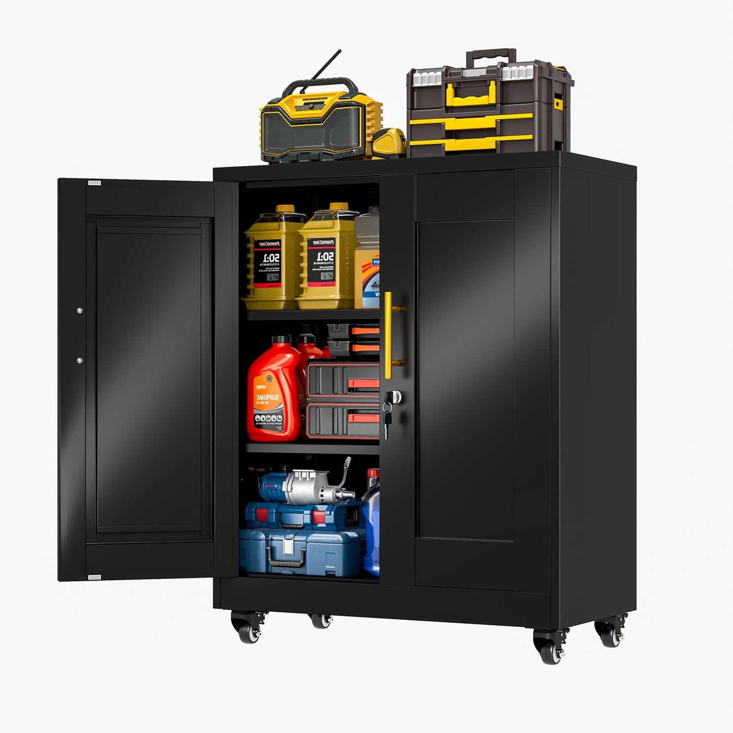 RISTERN Metal Storage Cabinet with Wheels, 36" Tall Locking Storage Cabinet with 2 Adjustable Shelves, Locking Garage Cabinet, Steel Locker Organizer, for Office, Home, School, Black