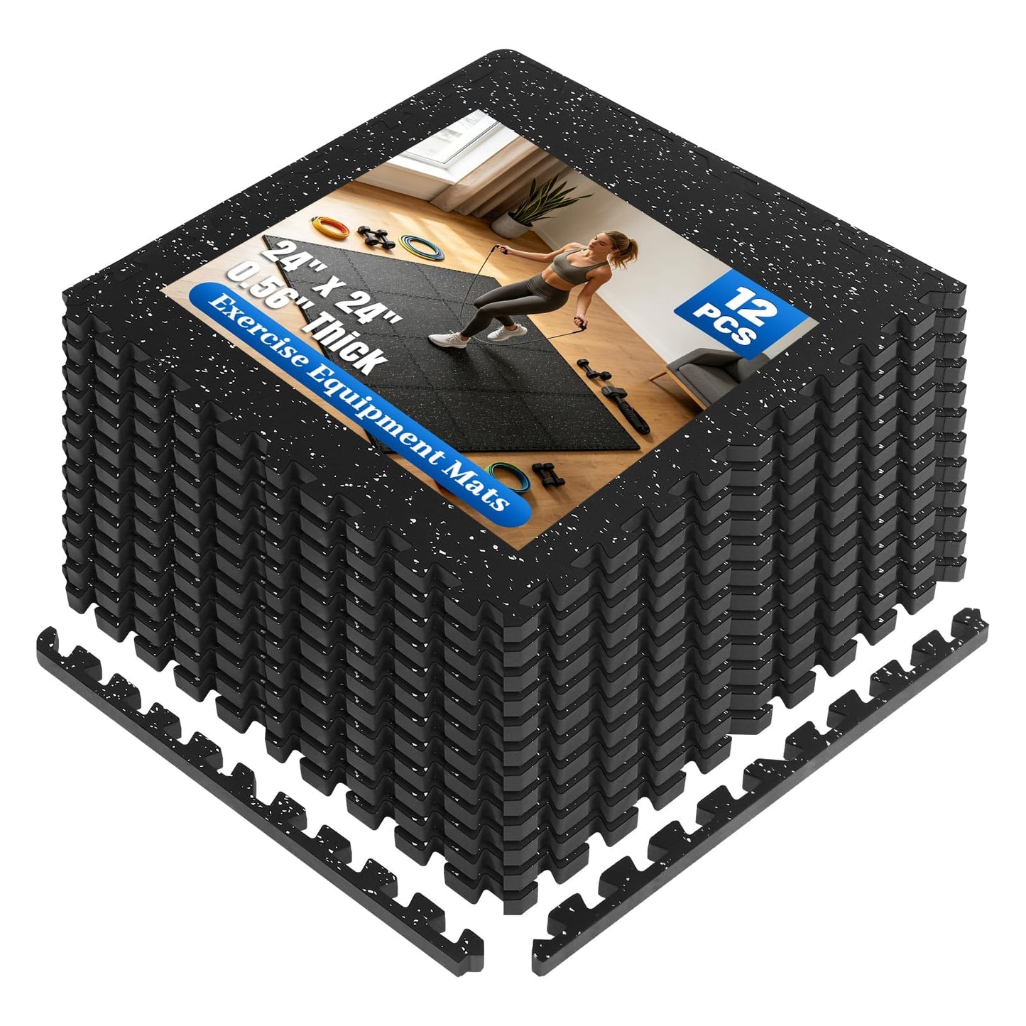 Rubber Gym Floor Mats, 12 Tiles 48 Sq Ft, 0.56" Thick Heavy Duty Gym Flooring for Home Gym, Exercise Equipment Mat for Treadmill, Weightlifting & Workout Area, Non-Slip Protective Flooring