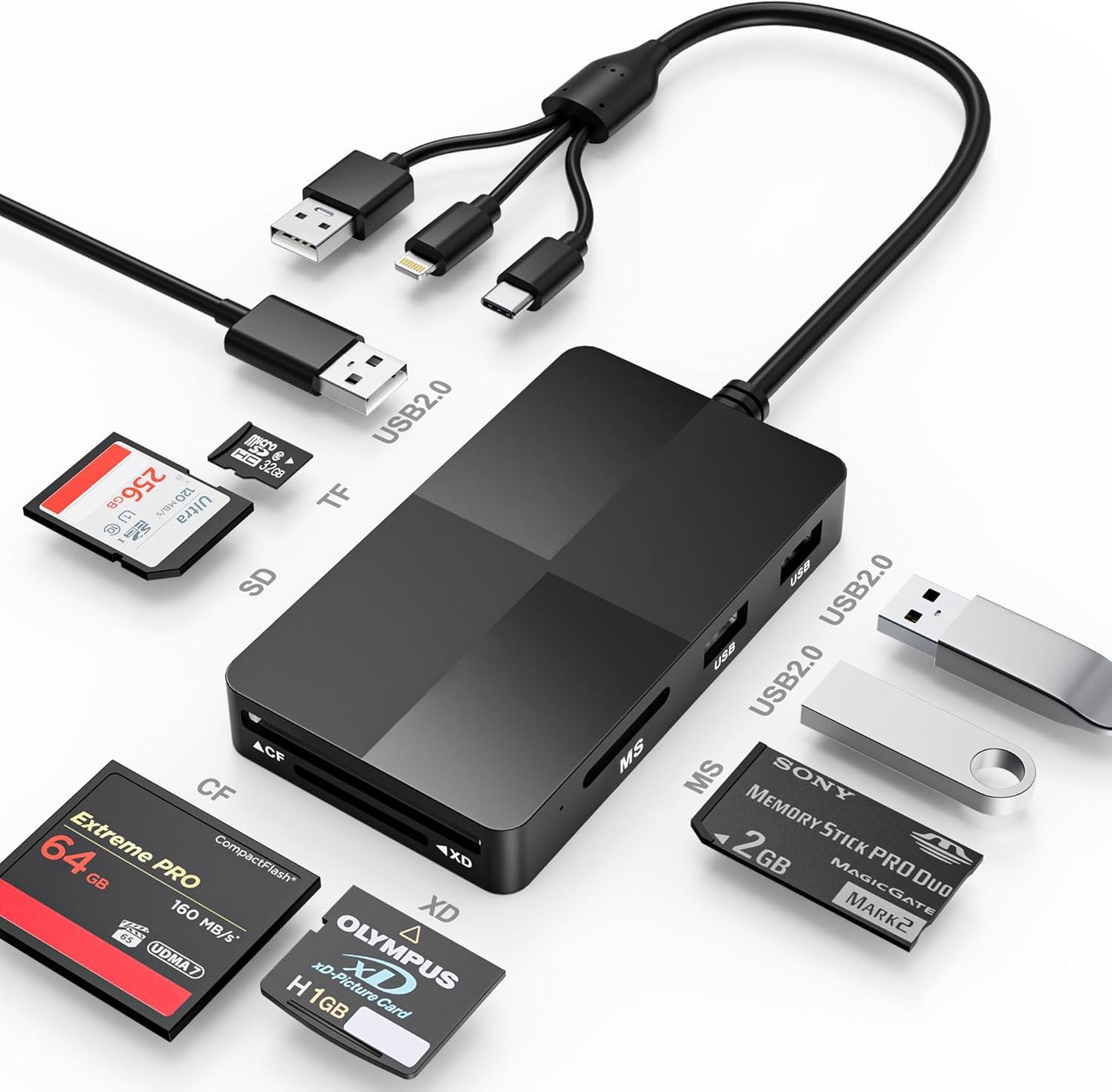 SHOWAIST 8 1 3 2.0 Memory Stick Pro Duo Reader Adapter, in SD/MS/TF/CF/XD Card Reader with USB Ports, L-ightning+USB