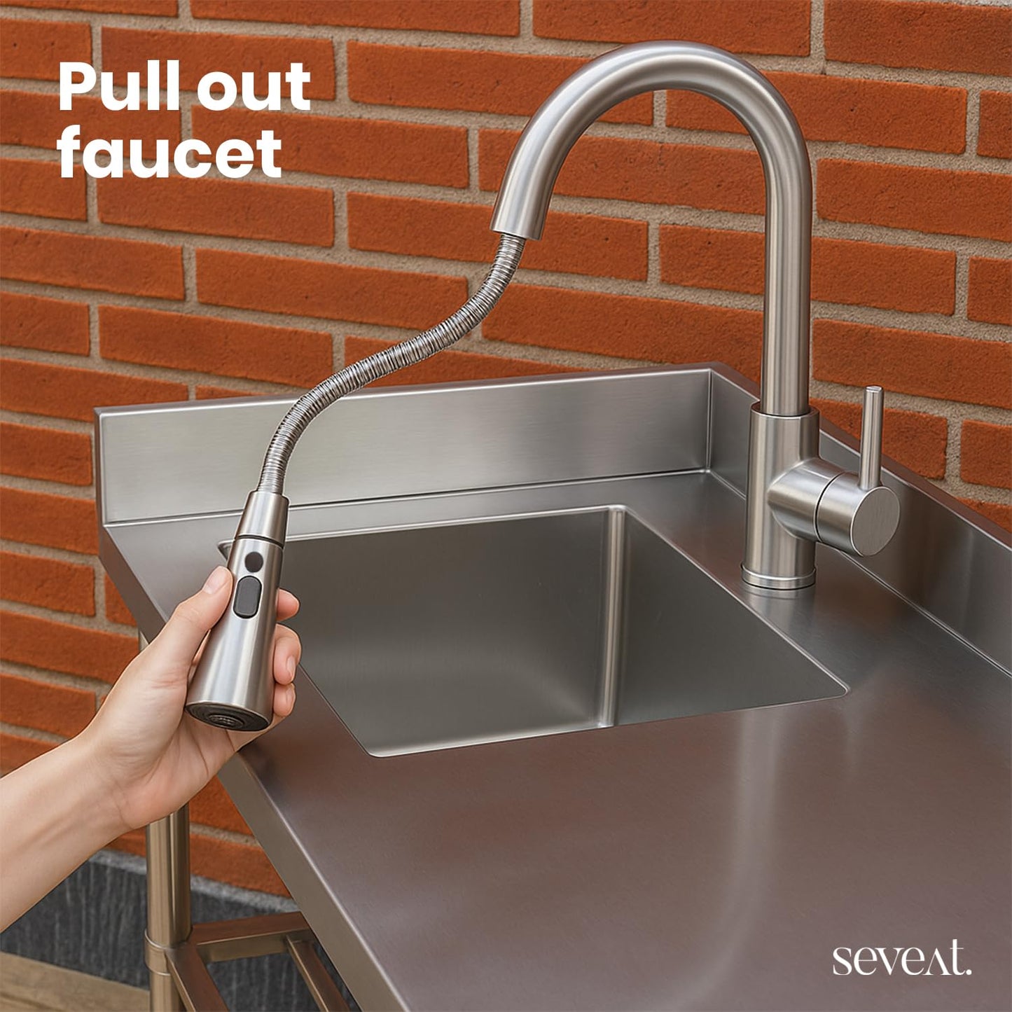 Seveat Freestanding Stainless Steel Utility Sink with Pull-Out Faucet | Laundry Tub with Bottom Shelf | Heavy-Duty for Garage, Basement, Mudroom, Workshop & Outdoor Use (Silver)
