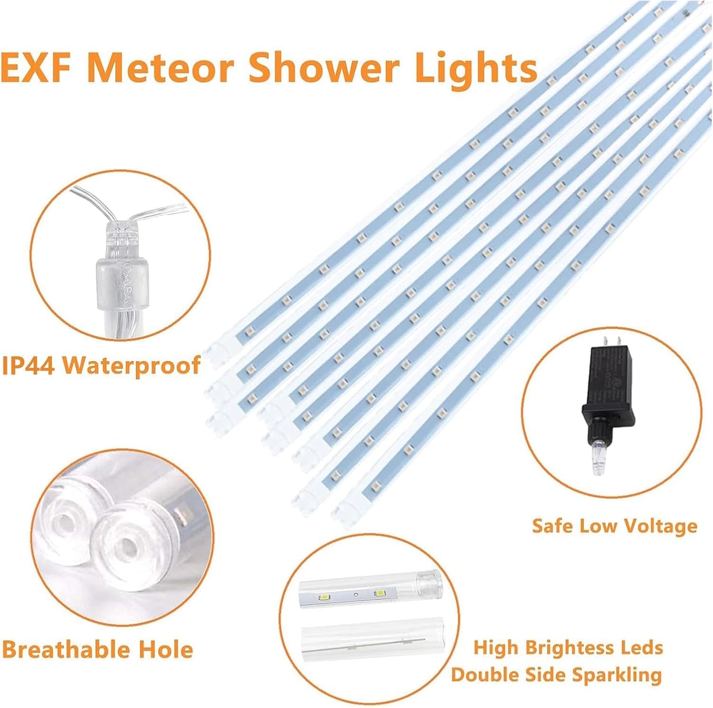 Skiennix Meteor Shower Lights - 2 Pack Outdoor Christmas Decorations with Timer | 384 LED, 30cm Tubes, Cool White