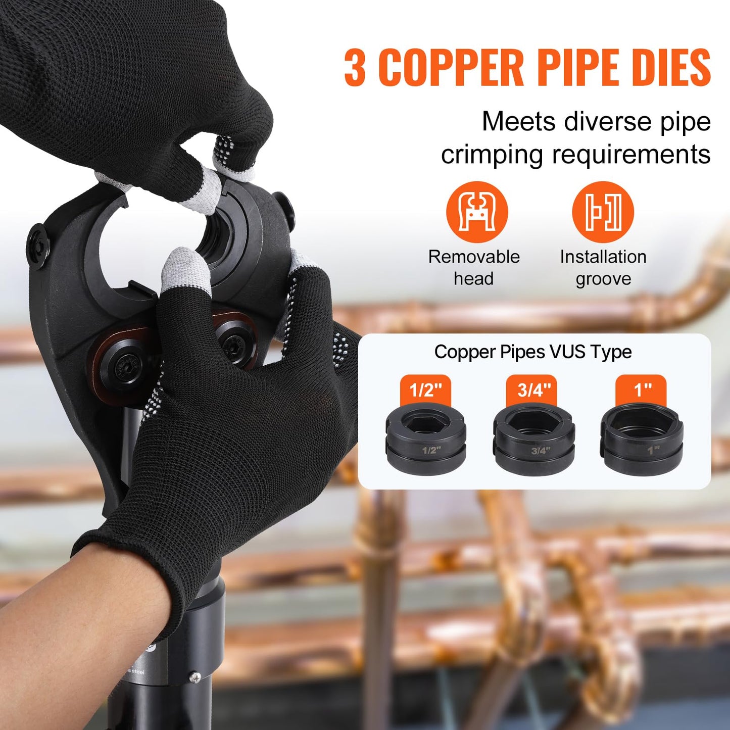 VEVOR Copper Pipe Crimping Tool, Hydraulic Driven Press Tool with 1/2", 3/4", 1" VUS Jaws, Copper Tube Fittings Pipe Crimpers for Narrow Spaces and Tee Fittings