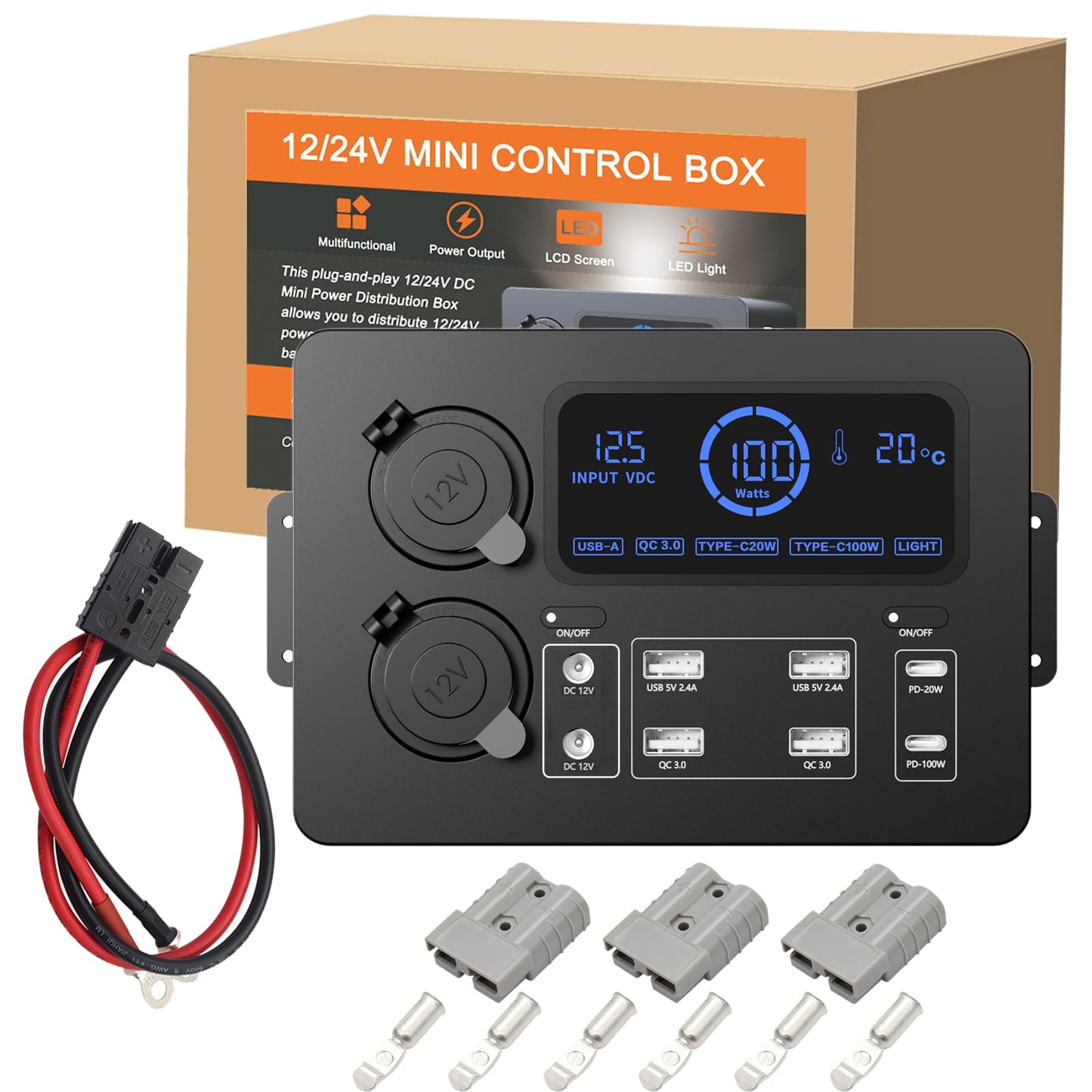 AMOMD 12-24 V Power Outlet Hub Distribution Box 13 Output Sockets Quick Plug+PD20W/100W+QC3.0 USB+CIG Power Sockets Plug-and-Play with LCD Display LED Light Suitable for All Deep-cycle Type