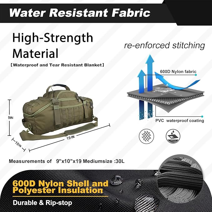 3 In 1 Tactical 30L Military Backpack Travel Duffle Bag for Weekender Gym Workout Deployment