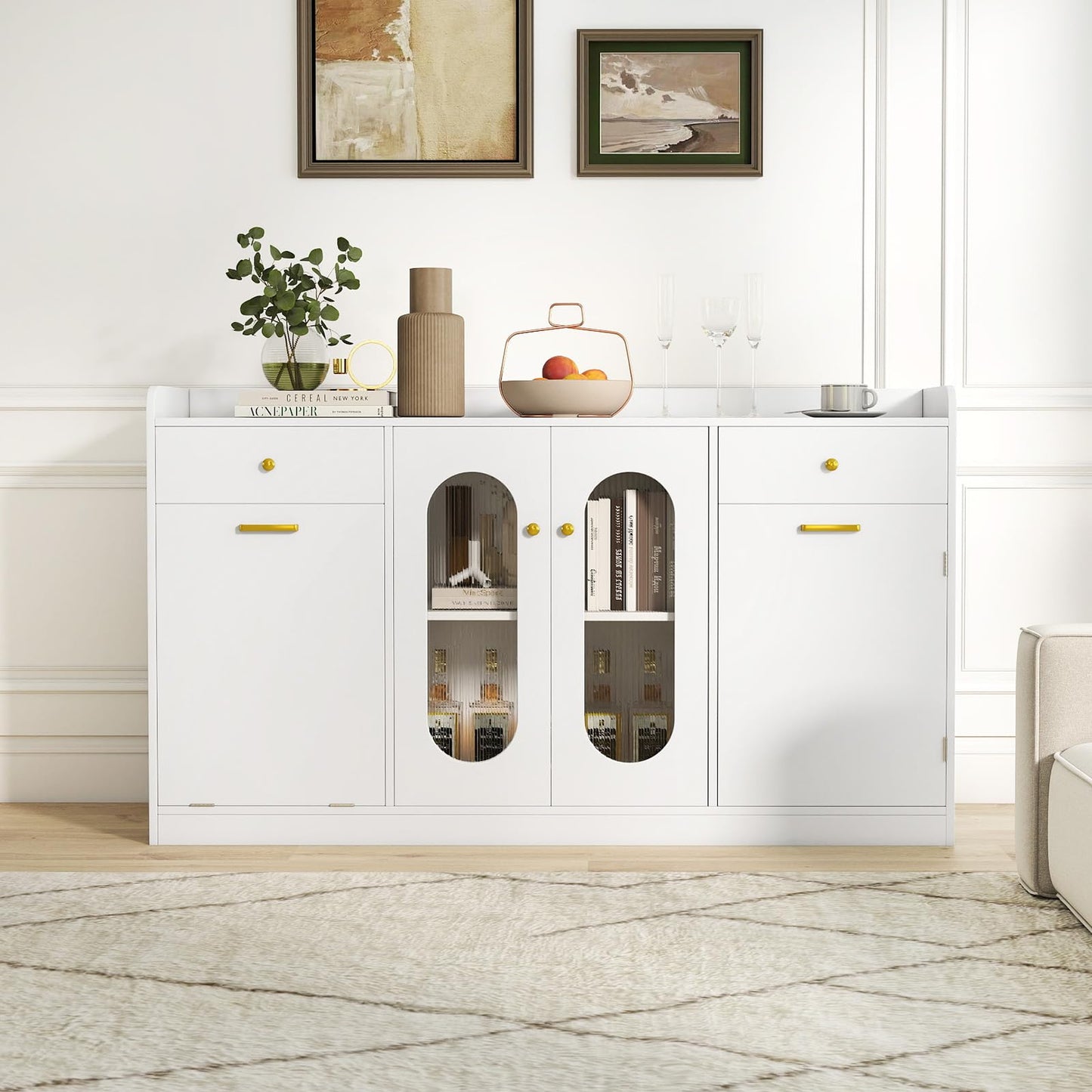 Giantex 55" Farmhouse Buffet Cabinet, Large Credenza w/Hidden Tilt Out Trash Can, 2 Glass Doors, 2 Drawers & Adjustable Shelves, Modern Sideboard Coffee Bar Cabinet for Kitchen, Dining Room (White)