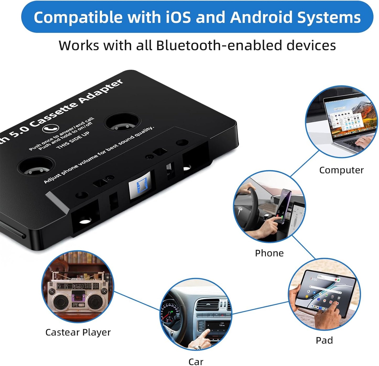 Mersoco Cassette 5.0 Cassette Car Bluetooth Reciver, Tape Player BT Aux Adapter with Hands-Free
