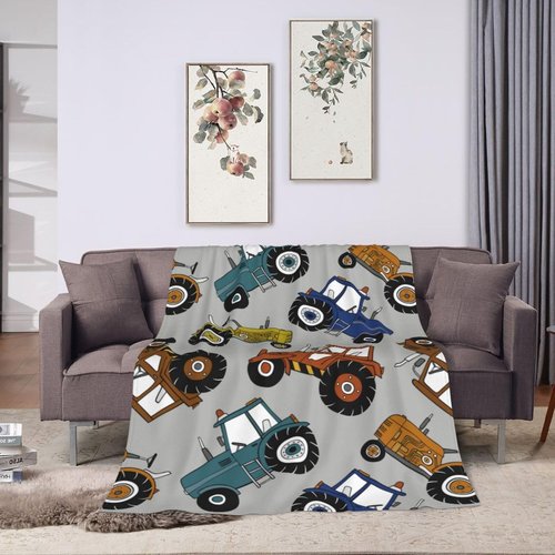 Car Tractor Cartoon Pattern Flannel Throw Blanket for Kids Boys Baby Toddler Teens Gifts Soft Warm Bedroom Throws for Home Couch Room Sofa Office Travel Camping Dorm Decor 50x40 Inch