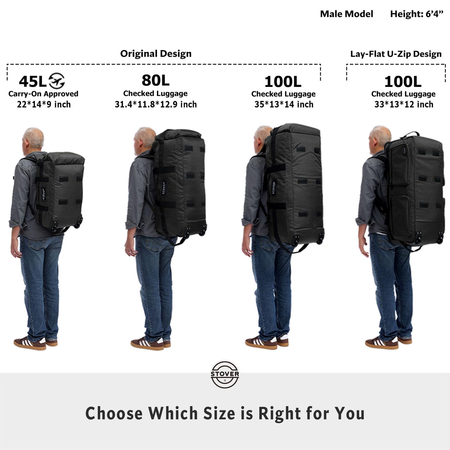STOVER 45/80/100L Rolling Duffel Bag with Wheels, X-Large Durable Travel Duffle + Toiletry Bag, Heavy Duty, Packable with Shoulder Straps- Use as Luggage or Backpack, Men/Women (Black)