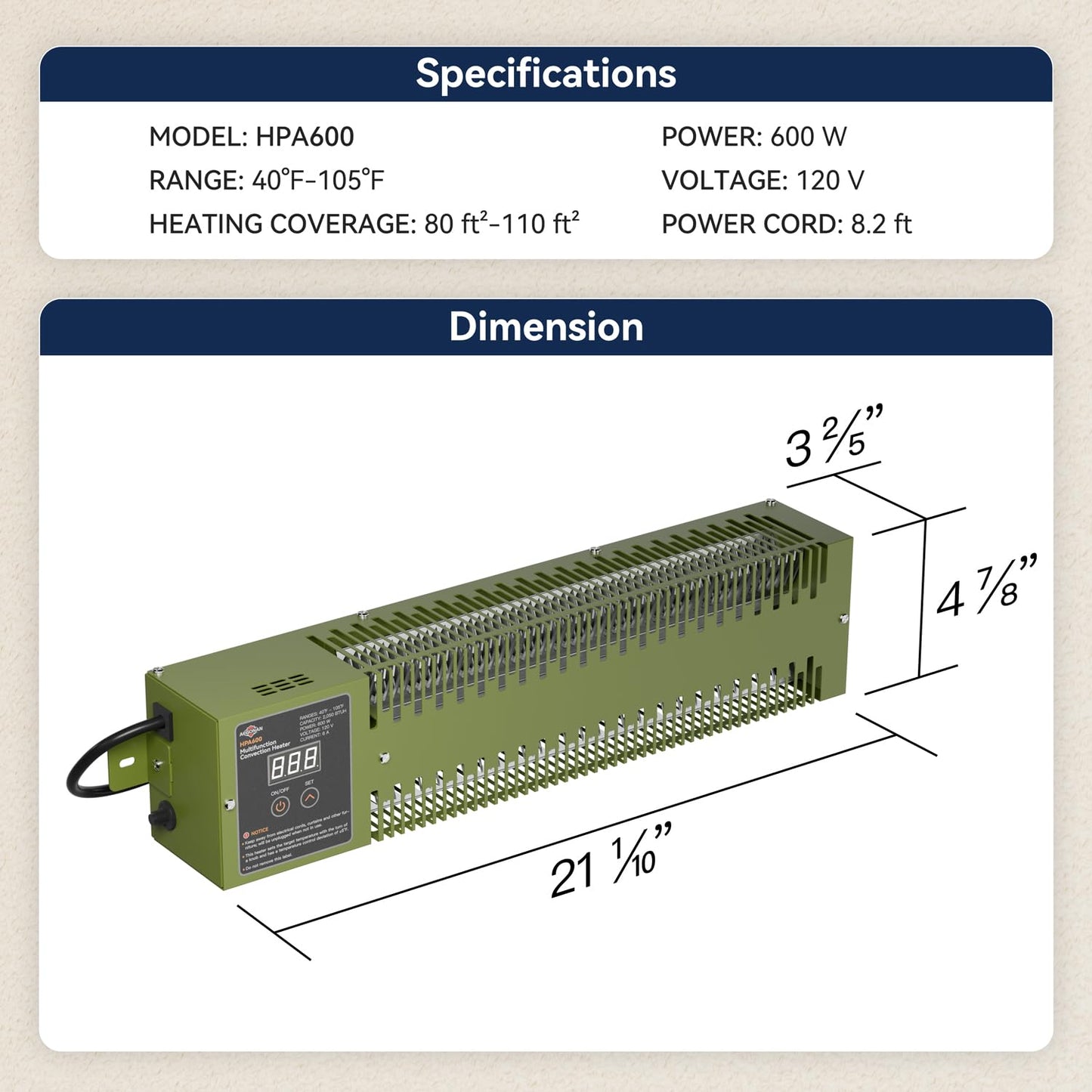 AEGONAN Utility Heater with Built-In Thermostat, 600W Electric Pump House Heater 120V, HPA600 Multifunction Convection Heater, Freeze Protection in Pump Houses, Utility Rooms, etc, Army Green
