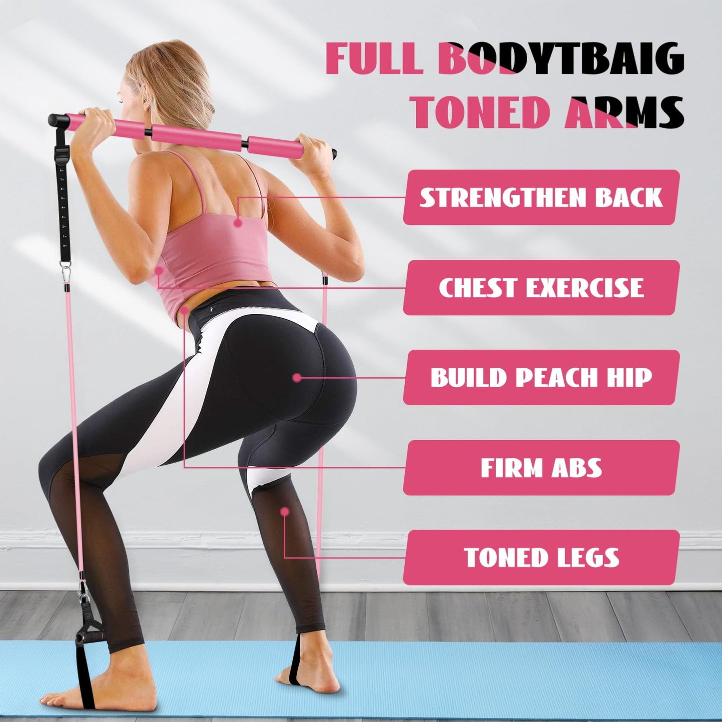 Pilates Bar Kit with Resistance Bands, Olodeer Pilates Reformer Exercise Bar with Ab Roller at Home Workout Equipment, Pilates Bar Set for Full Body Training Women & Men
