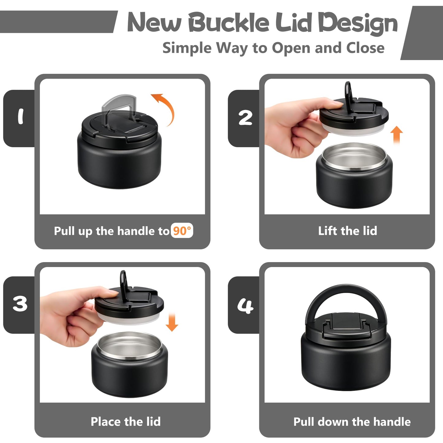 BABHAMNESS 13.5oz Soup Thermo for Hot Food Kids Insulated Vacuum Food Jar with Buckle Lid,Wide Mouth Leakproof Stainless Steel Lunch Container with Spoon-Black