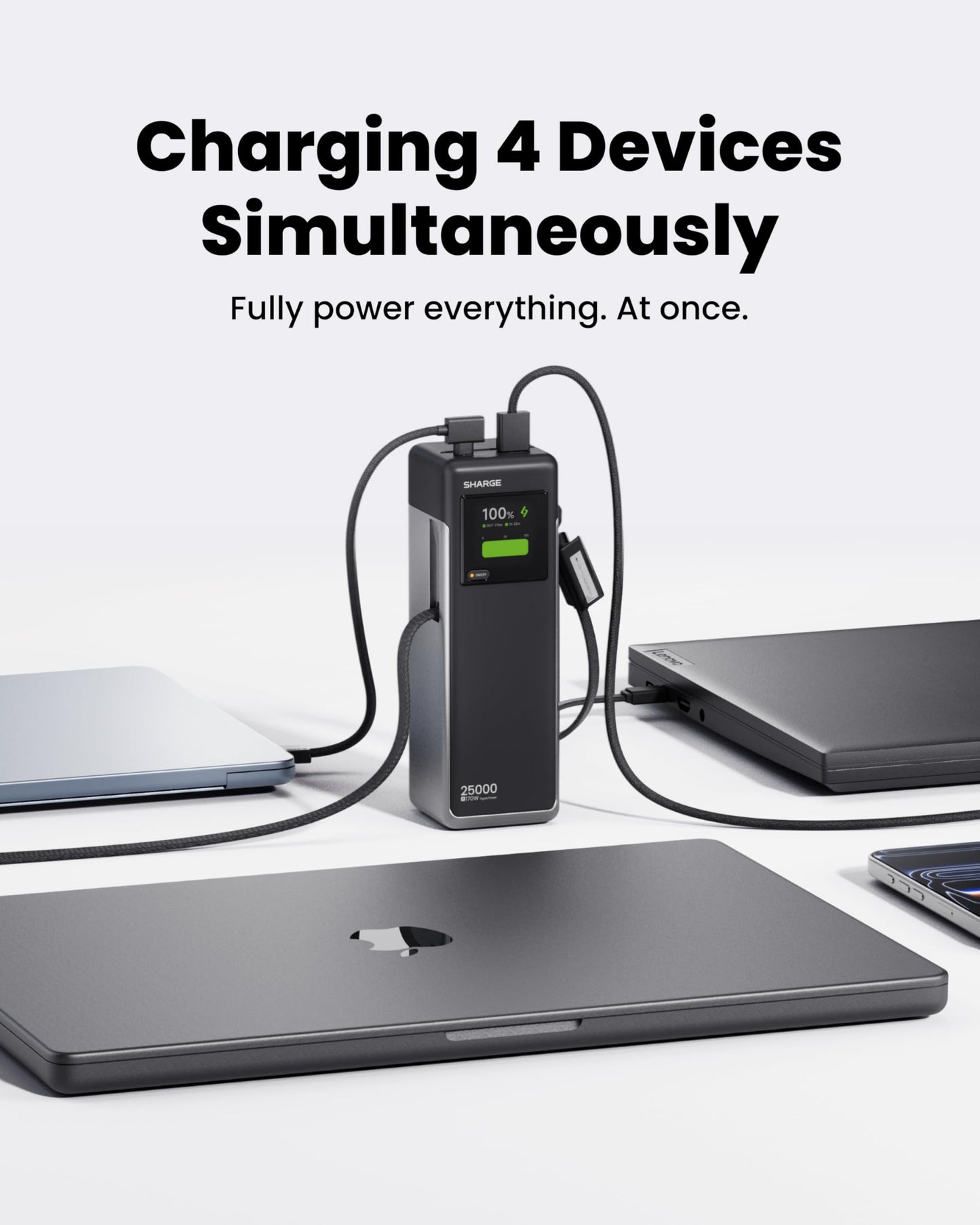 SHARGE Laptop Power Bank 25000mAh, HyperTower 170W Total Fast Charging Portable Charger, 100W USB-C Power Bank with Built-in Cables, High Capacity Travel Battery Pack for MacBook, iPhone17, Galaxy S26