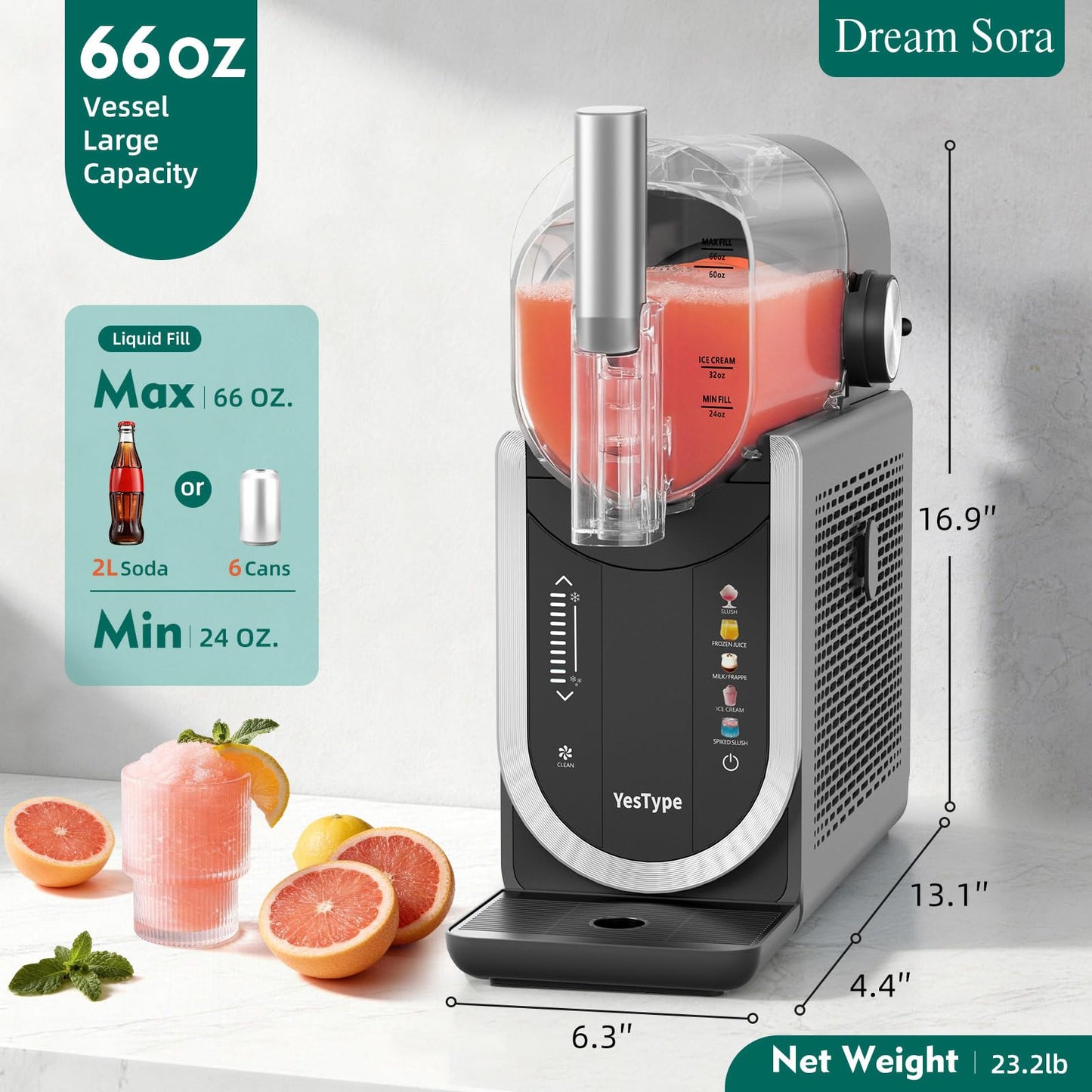 Slushie Machine No Ice Needed, Margarita Machine & Slushy Machine for Home, 5 Preset, Rapid Freezing, Self-Cleaning, 66oz Slushie Maker for Frappes, Spiked Slush, Ice Cream and More, Grey