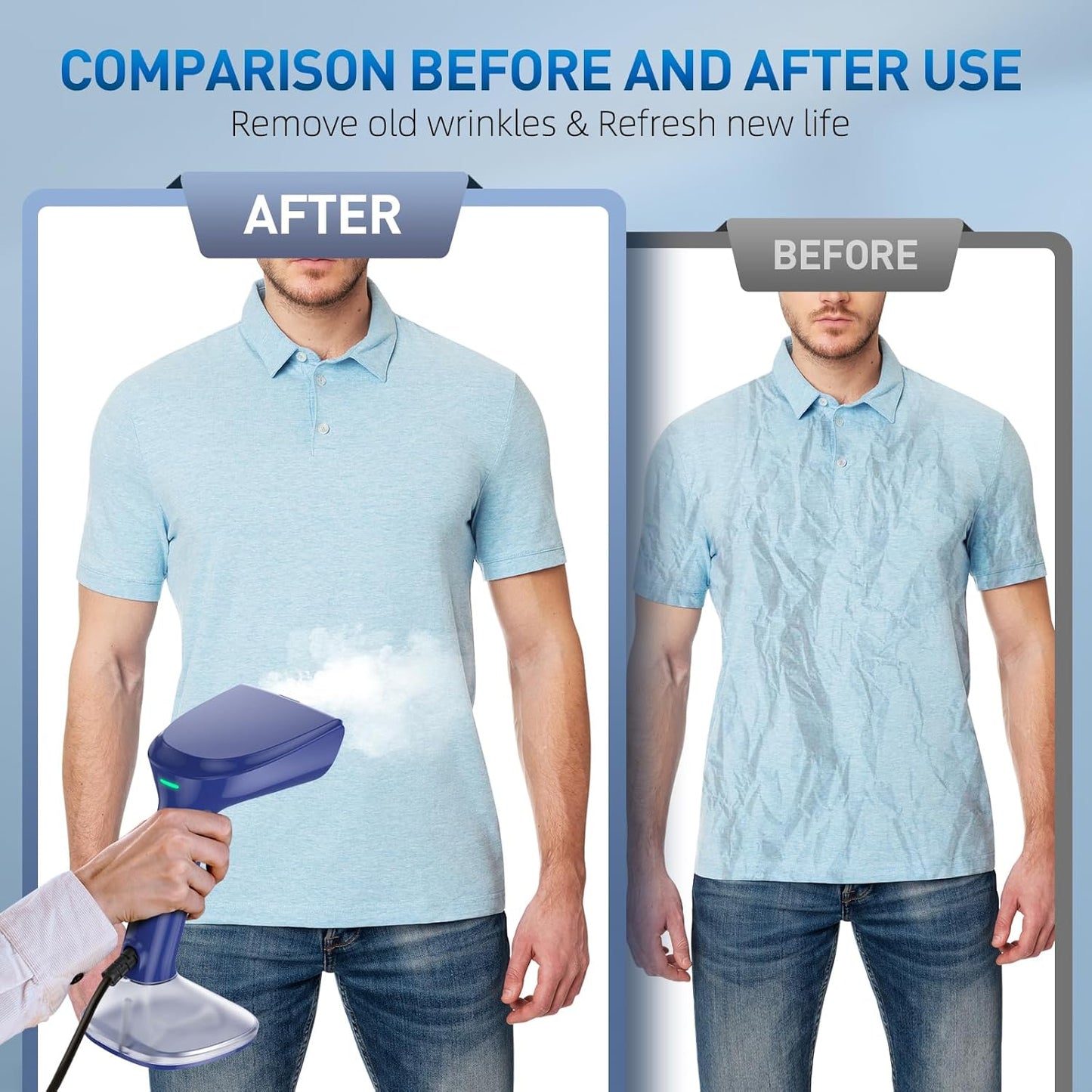 Skiennix Steamer for Clothes - 1800W Powerful Steam, Fast 20-Second Heat-Up, Detachable Tank | Blue