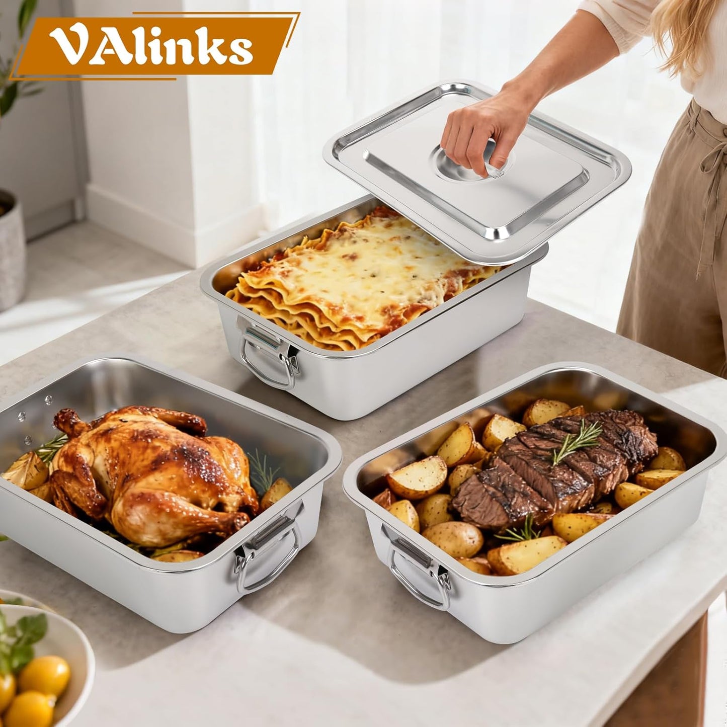 Skiennix 4-Inch Extra Deep Lasagna Pan - 7.4QT Stainless Steel Nonstick Baking Dish with Lid & Handles | 14x10.6x4 IN