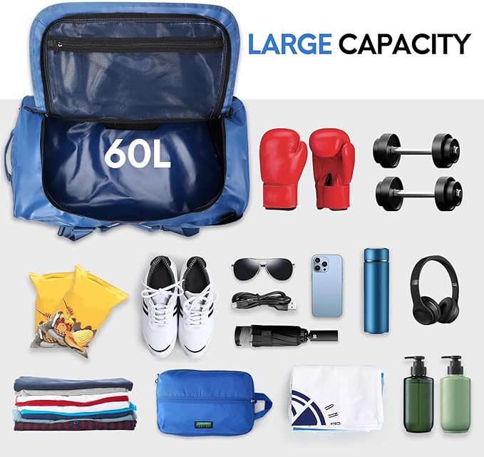 Haimont Large Duffel Backpack Sports Bag Convertible Duffle Bag with Backpack Straps for Travel, Gym, Weekender, Water Resistant, Blue, 60L