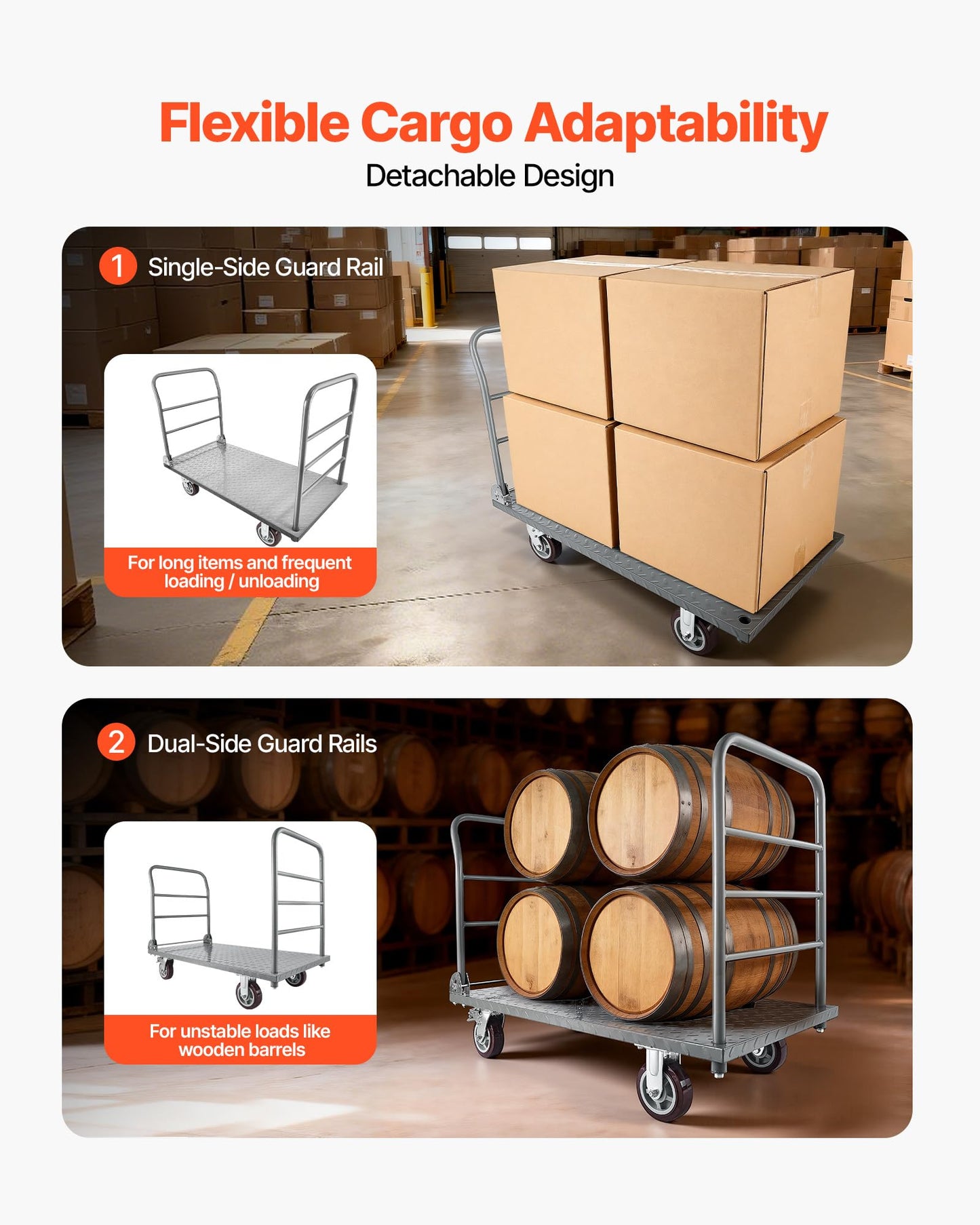 VEVOR 2 in 1Platform Truck, 2650 LBS Heavy Duty Flatbed Cart Dolly with Detachable Rear Guardrail and Swivel Wheels, Foldable Hand Push Truck Cart for Groceries, Garage, Warehouse (48"×24")