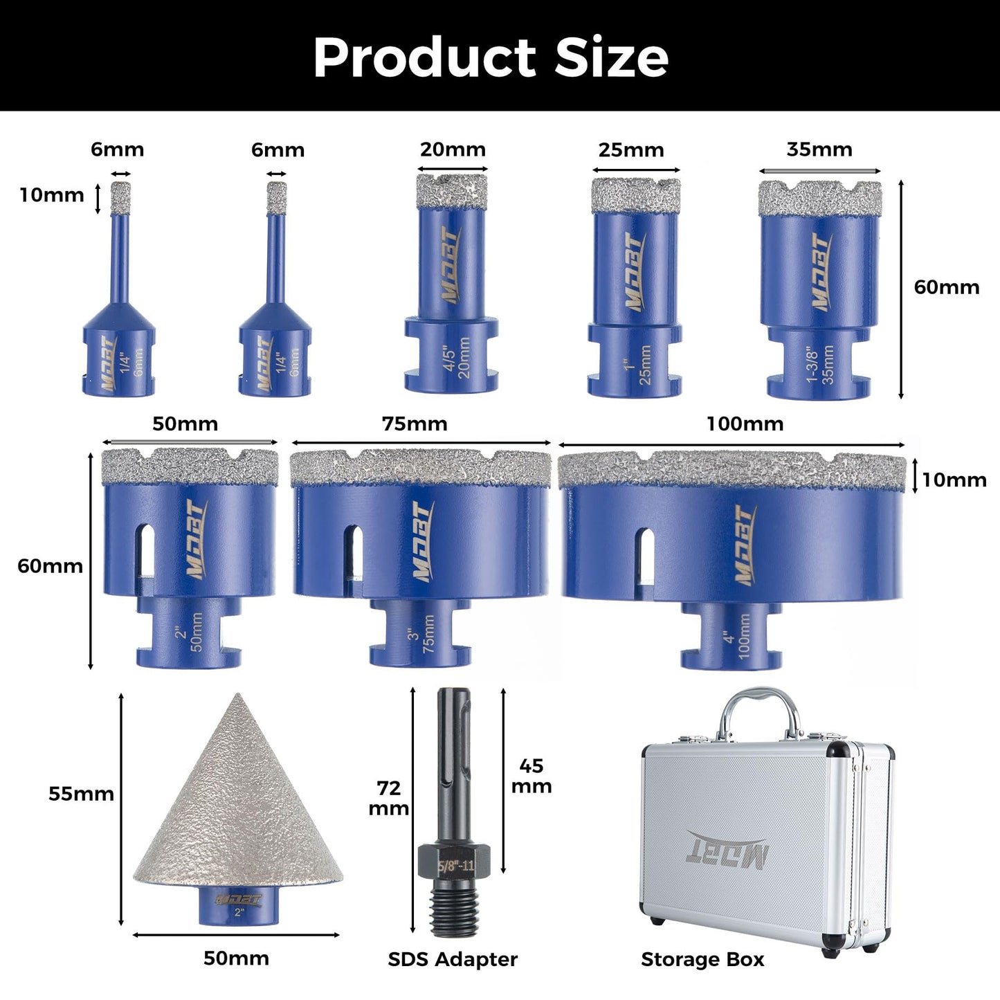 MDBTTOOLS Diamond Core Drill Bits 10Pcs, Tile Diamond Drill Bits Set,Porcelain Hole Saw, Cutter for Marble Ceramic Granite(6/6/20/25/35/50/75/100mm/2 inch)