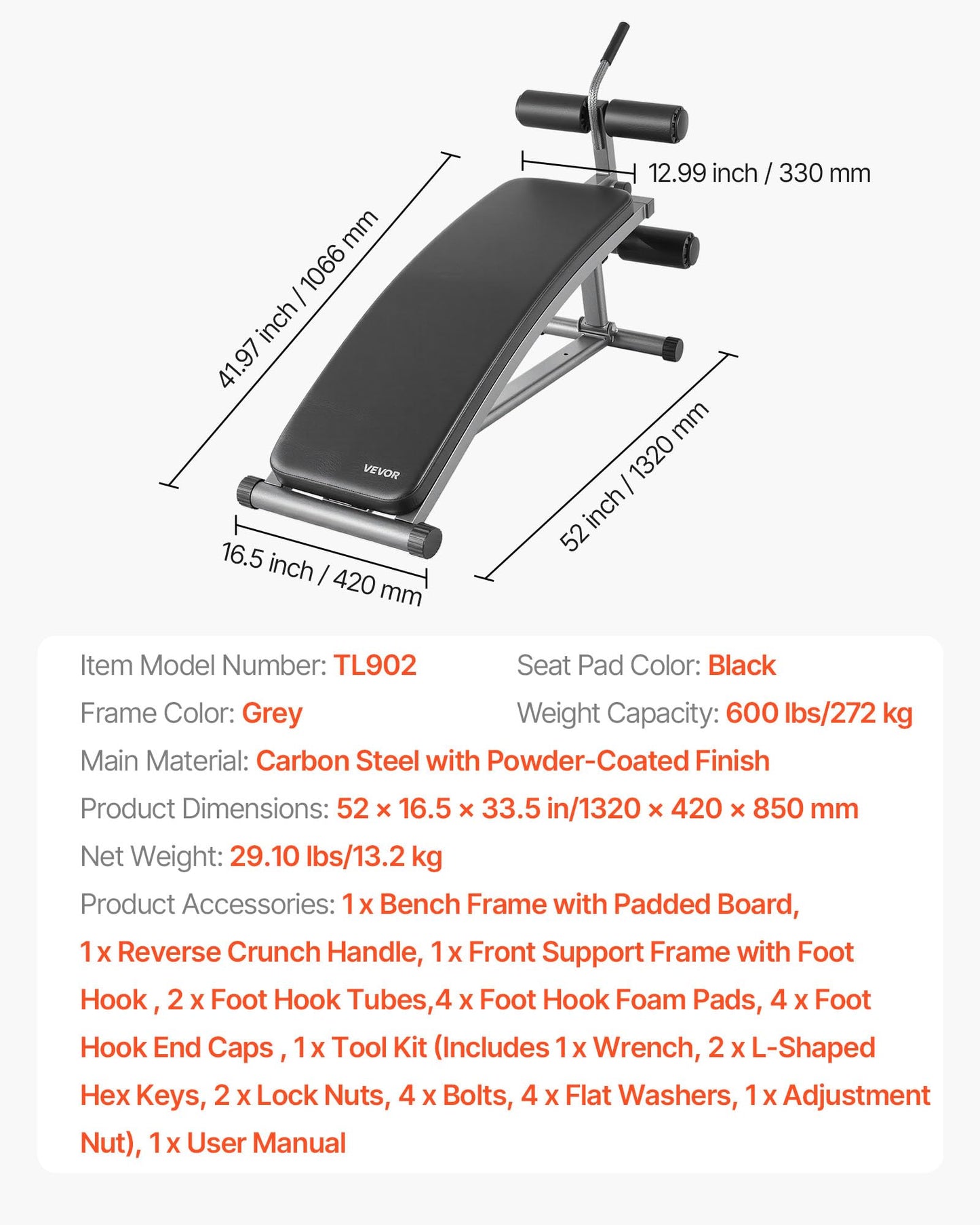 VEVOR Sit Up Bench, Curved Decline Ab Bench with Reverse Crunch Handle, with 6 Adjustable Height Setting, Heavy Duty Steel, 600 Lbs Capacity for Home Gym Workouts, Strength Training, Full Body Muscles