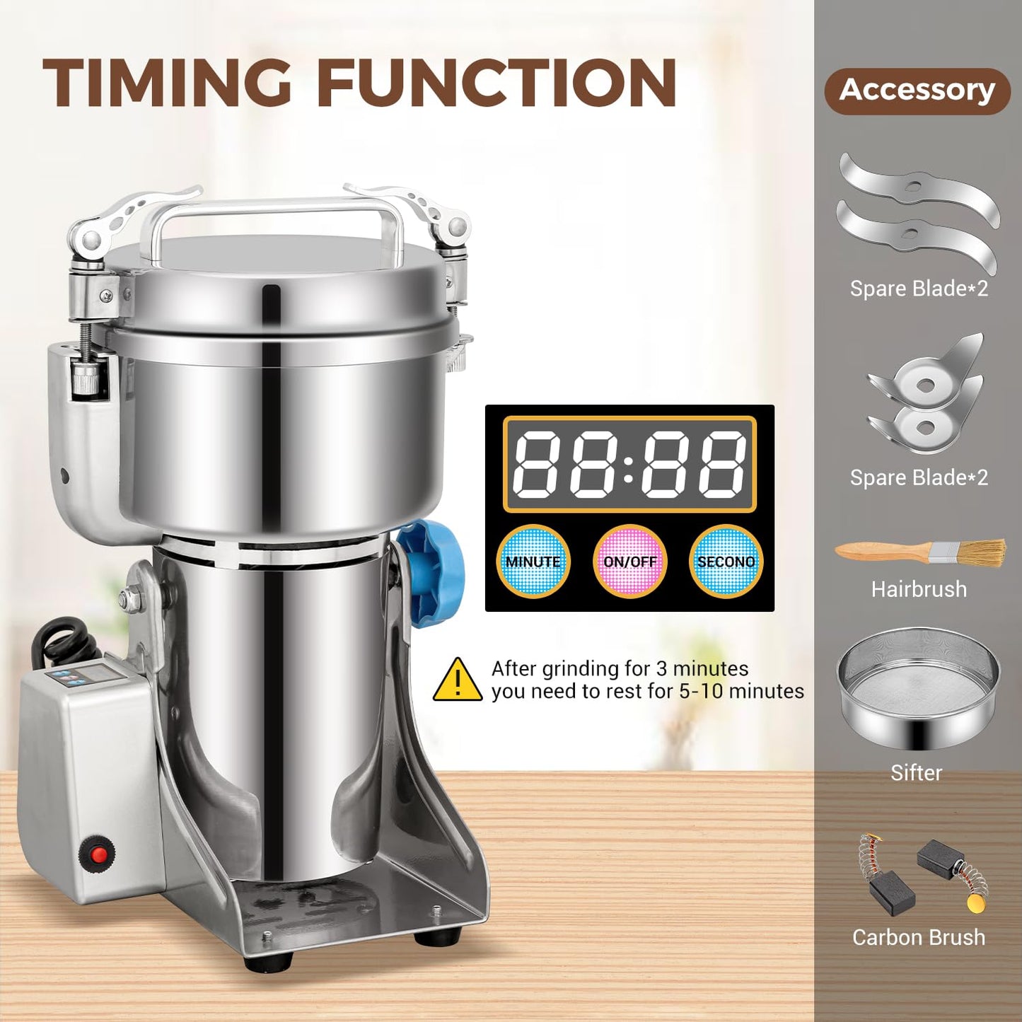 LEEVOT Grain Mill Grinder, 750g Commercial Spice Grinder Electric 2000W Stainless Steel Pulverizer Dry Grinder for Grinding Wheat, Oats, Corn, Pepper, and Coffee Beans – Grinder for Kitchen.