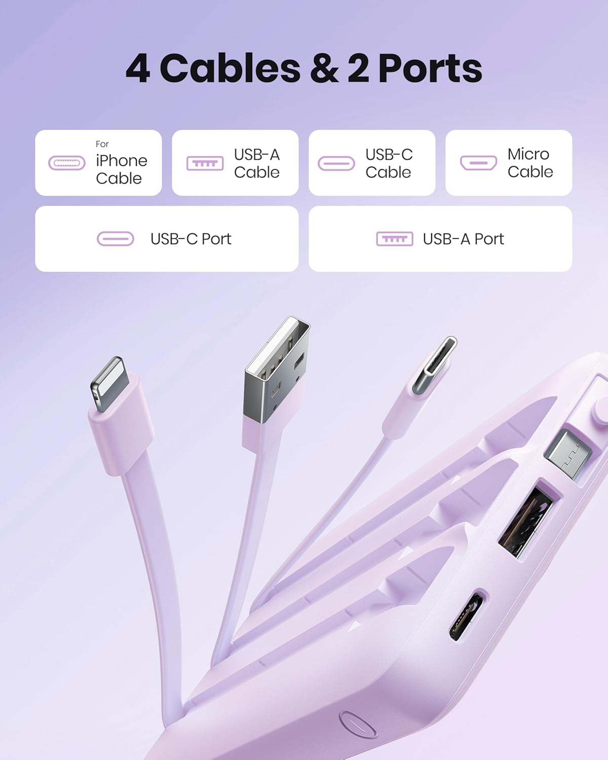 Coowisty 10000mAh Pack 5 2 Portable Charger with Built-in Cable, Slim USB C Power Bank, External Battery Outputs Inputs