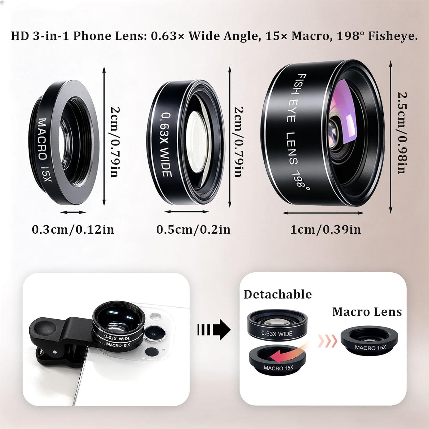 Brvlsoc 3-in-1 198 0.63 15 Set Smartphone Camera Lens Kit Fisheye, Wide-Angle & Macro Clip-On Lens for iPhone, Samsung