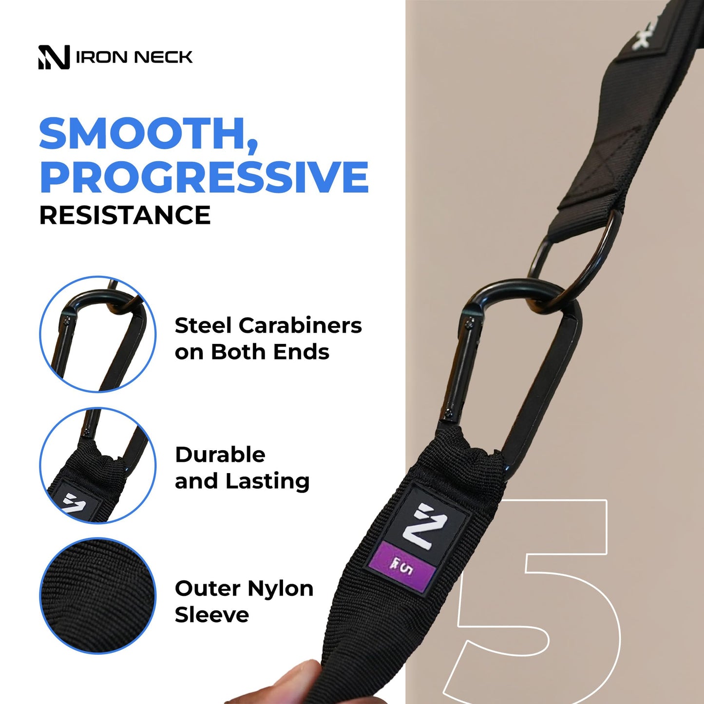 Iron Neck Resistance Band - Durable Exercise Band with Steel Carabiners for Neck Trainer, Exerciser, & Strengthener - Training, Strength Workouts, Stretching, & Rehab - Home Gym Accessories - 5 lbs.