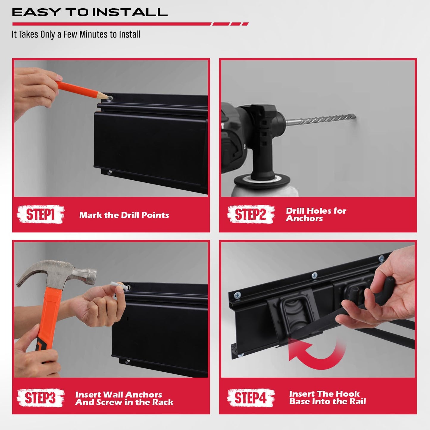 SEDY 64" Heavy Duty Garage Storage Tool Organizer Wall Mount - Tool Rack with Adjustable Hooks, Anti-Rust, 300lbs Capacity - Easy Installation (4 Racks, 10 Hooks, 3 Straps)