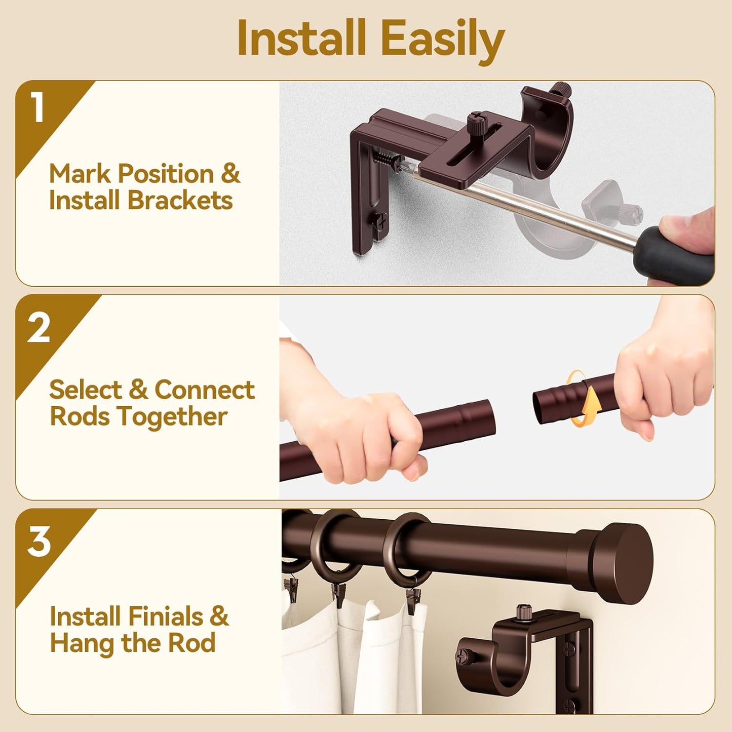 YaFex Curtain Rods - Heavy Duty 1 Inch Adjustable Window Treatment Rods | 32-144 Inch, Bronze Finish