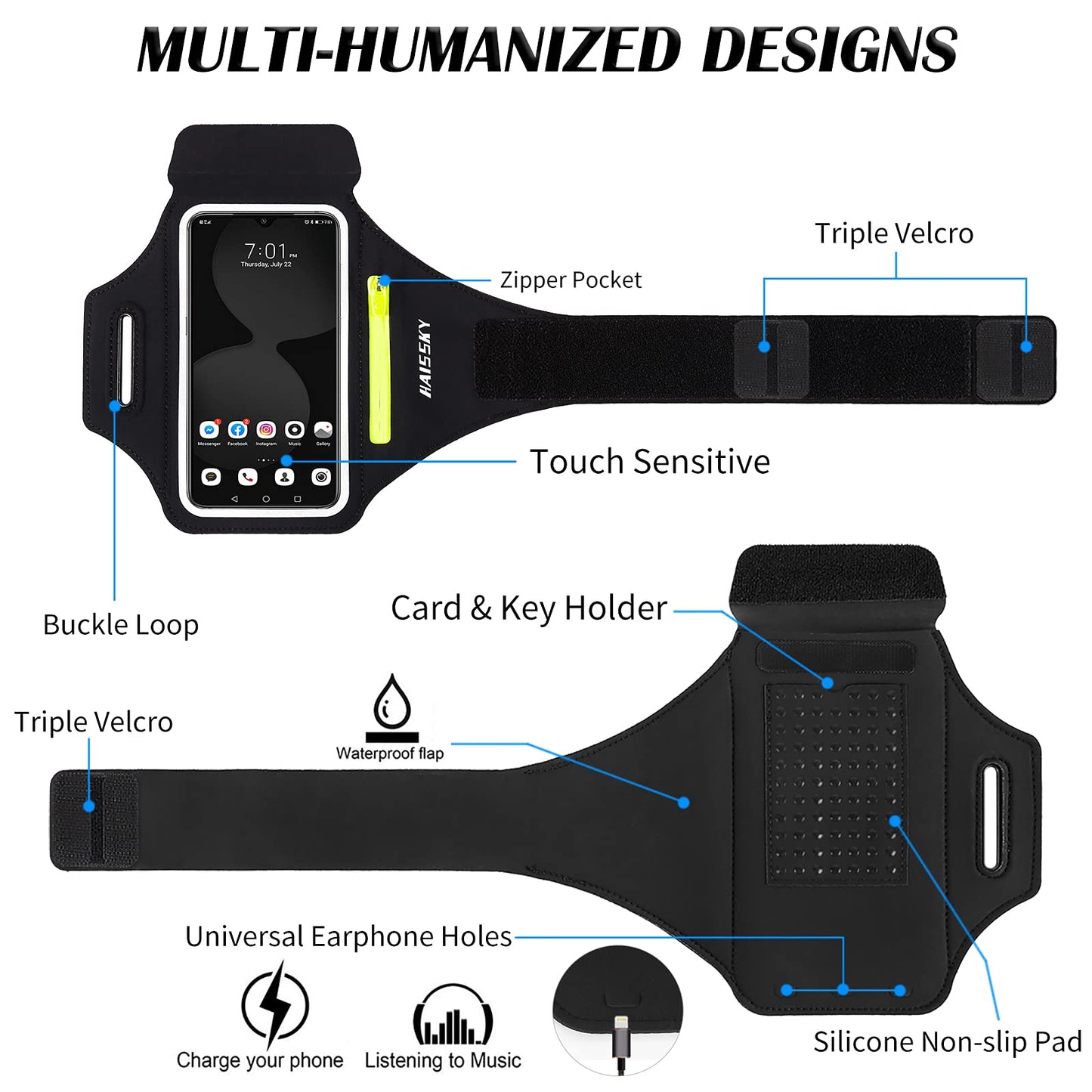 Running Armband with Earphone Bag Cell Phone Armband for iPhone 17 16 15 Pro 14 Plus 13 11 XR, Galaxy S24/S10 Water Resistant Sports Phone Holder Case & Zipper Slot Car Key Holder for 6.7 inch Phone