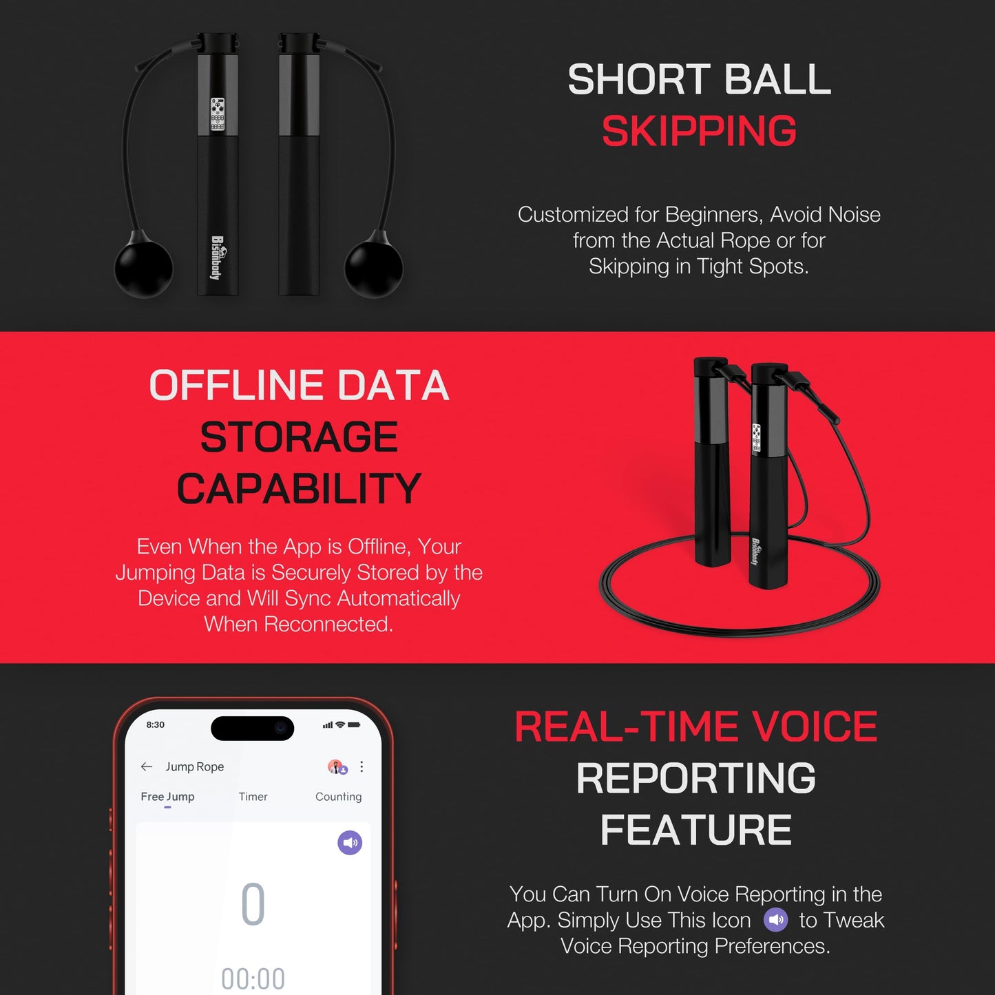 Bisonbody Smart Jump Rope Fitness Skipping Rope with App – 2 Function Modes – Classic 3m Rope & Ropeless Shortballs – Bluetooth Skipping Rope with Fitdays+ App for Seamless Progress Tracking