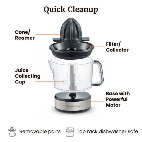 Elite Gourmet ETS326 BPA-Free 40-Watt Electric Citrus Juicer, Compact, Large Volume, Pulp Control, Oranges, Lemons, Limes, Grapefruits with Easy Pour Spout, 24oz, Black/Stainless Steel