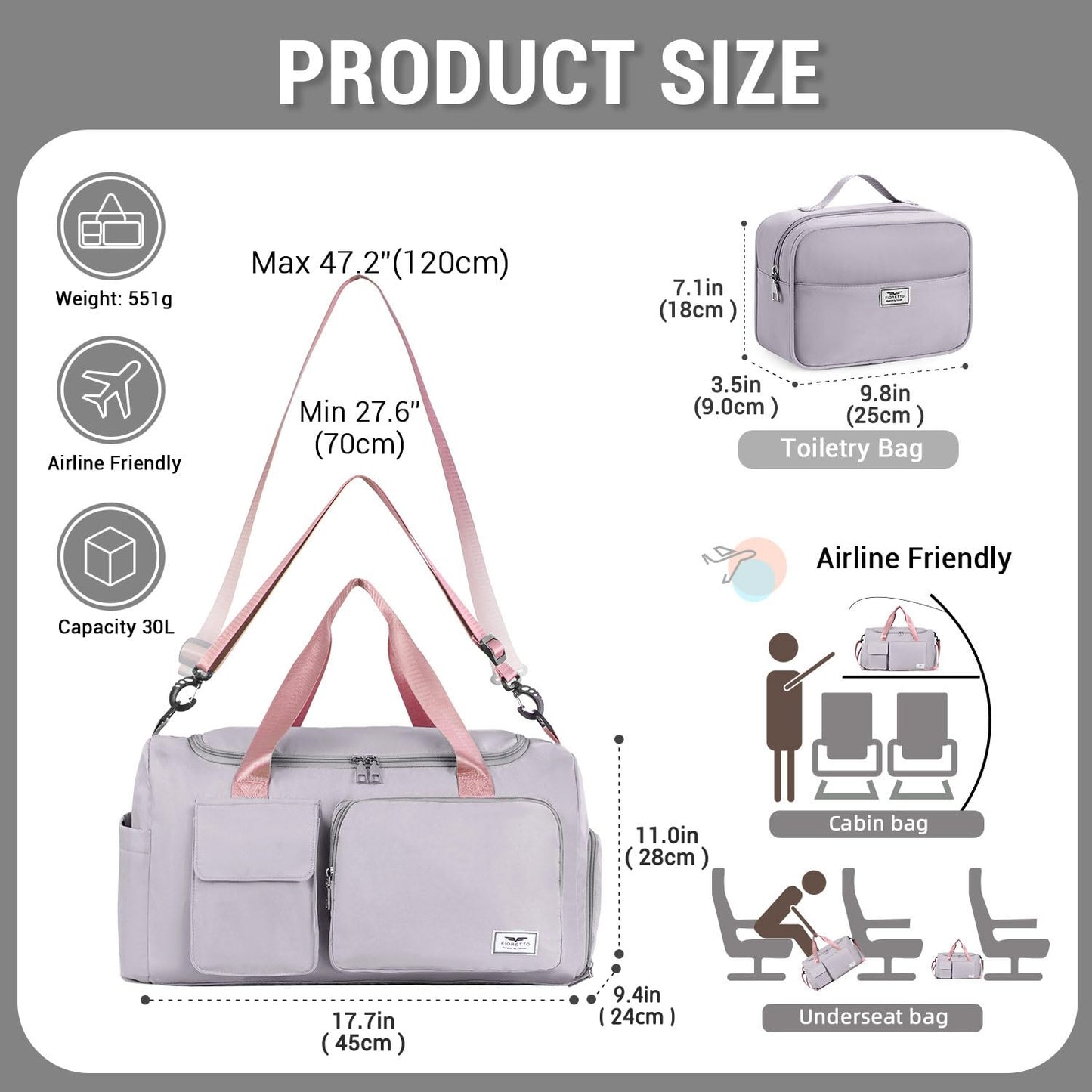 FIORETTO Women's Gym Duffle Bag with Shoes Compartment, 30L Capacity, Ideal for Travel, Gym, Sports, Duffel, Weekender, with Toiletry Bag, Grey & Pink