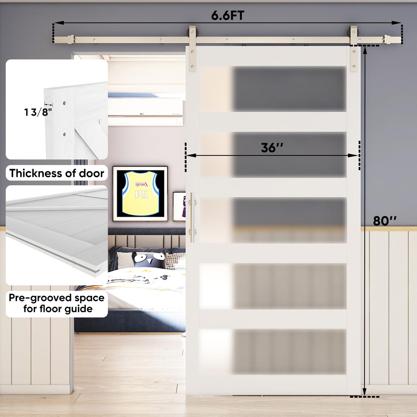 BARNSMITH 36in x 80in 5-Panel Glass Barn Door with 6.6FT Brushed Nickle Sliding Door Hardware Included & Handle, Frosted Glass Solid Wood Water-Proof PVC Surface,Pre-Drilled Easy Assembly,White